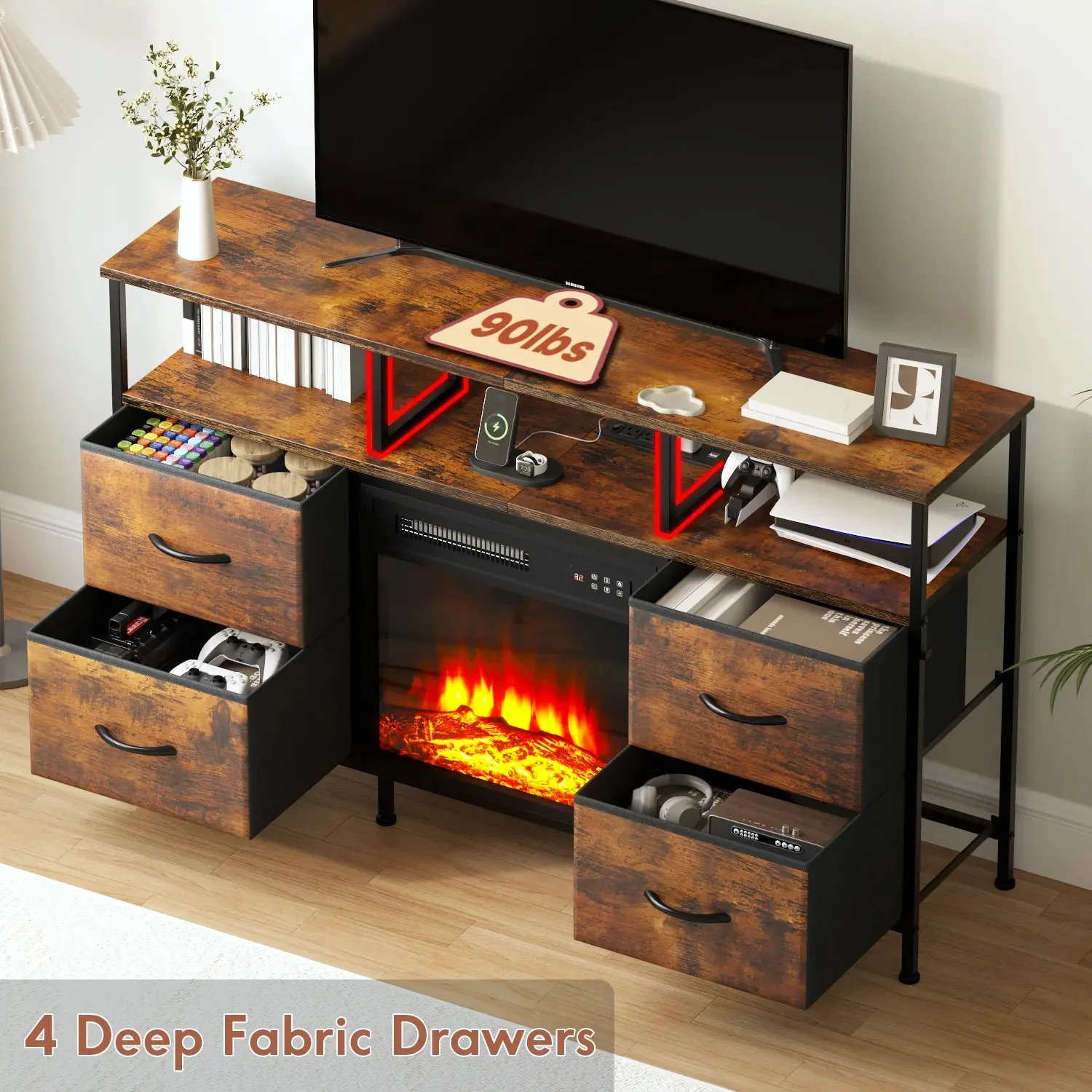 PUKAMI Fireplace TV Stand with 4 Fabric Drawers, TV Stand Dresser with LED Lights and Power Outlets, Fireplace Entertainment Center with Open Shelf for 43,50 Inch TV, for Living Room - Image 11