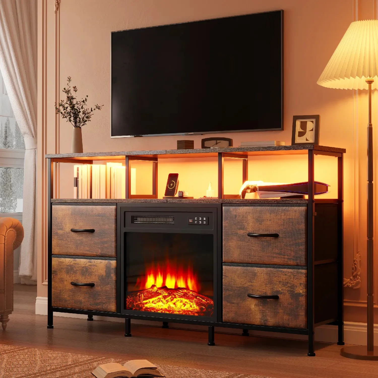 PUKAMI Fireplace TV Stand with 4 Fabric Drawers, TV Stand Dresser with LED Lights and Power Outlets, Fireplace Entertainment Center with Open Shelf for 43,50 Inch TV, for Living Room - Image 2