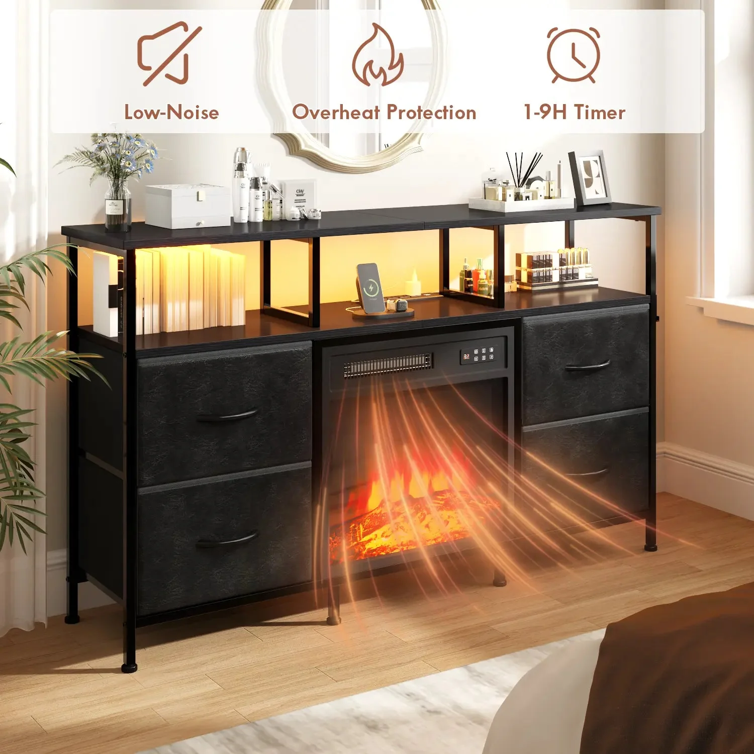 PUKAMI Fireplace TV Stand with 4 Fabric Drawers, TV Stand Dresser with LED Lights and Power Outlets, Fireplace Entertainment Center with Open Shelf for 43,50 Inch TV, for Living Room - Image 4