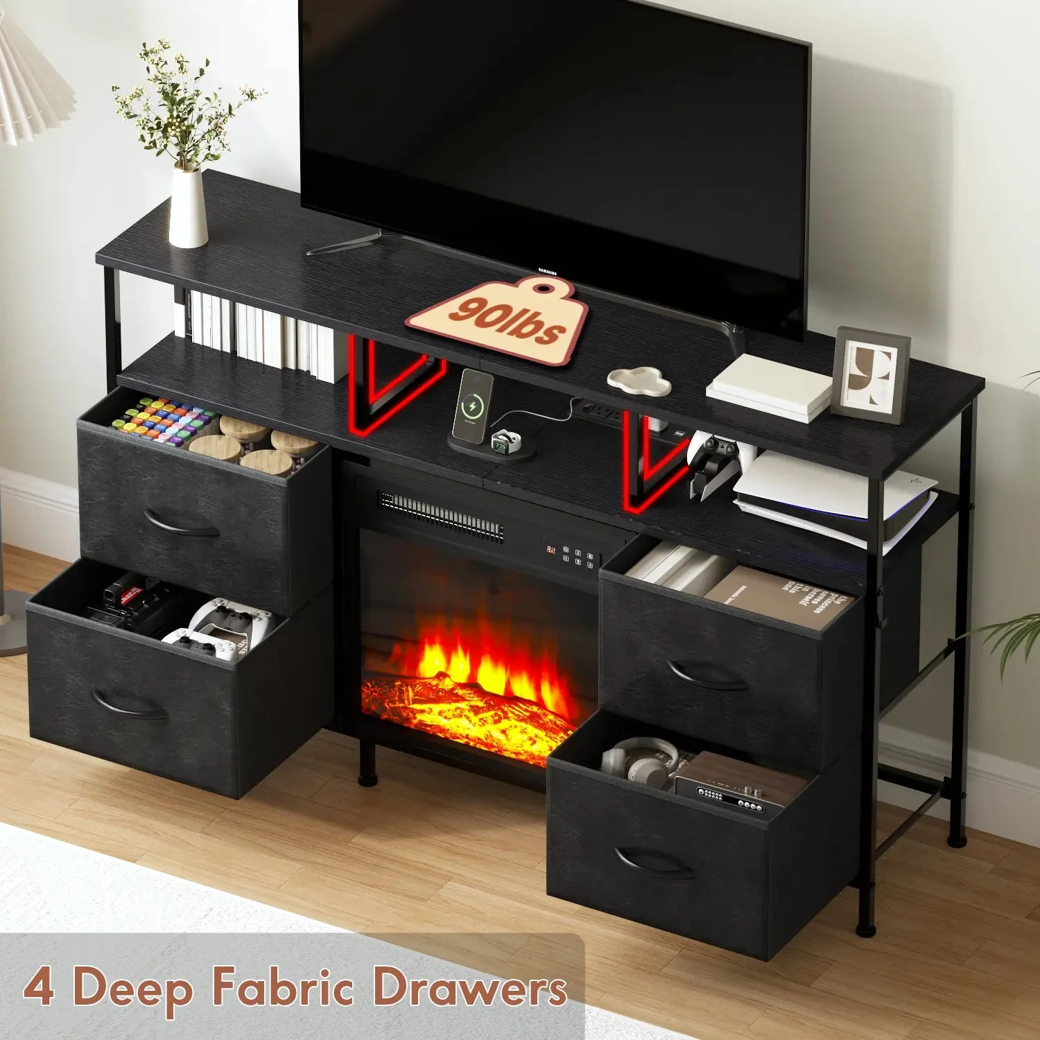 PUKAMI Fireplace TV Stand with 4 Fabric Drawers, TV Stand Dresser with LED Lights and Power Outlets, Fireplace Entertainment Center with Open Shelf for 43,50 Inch TV, for Living Room - Image 5