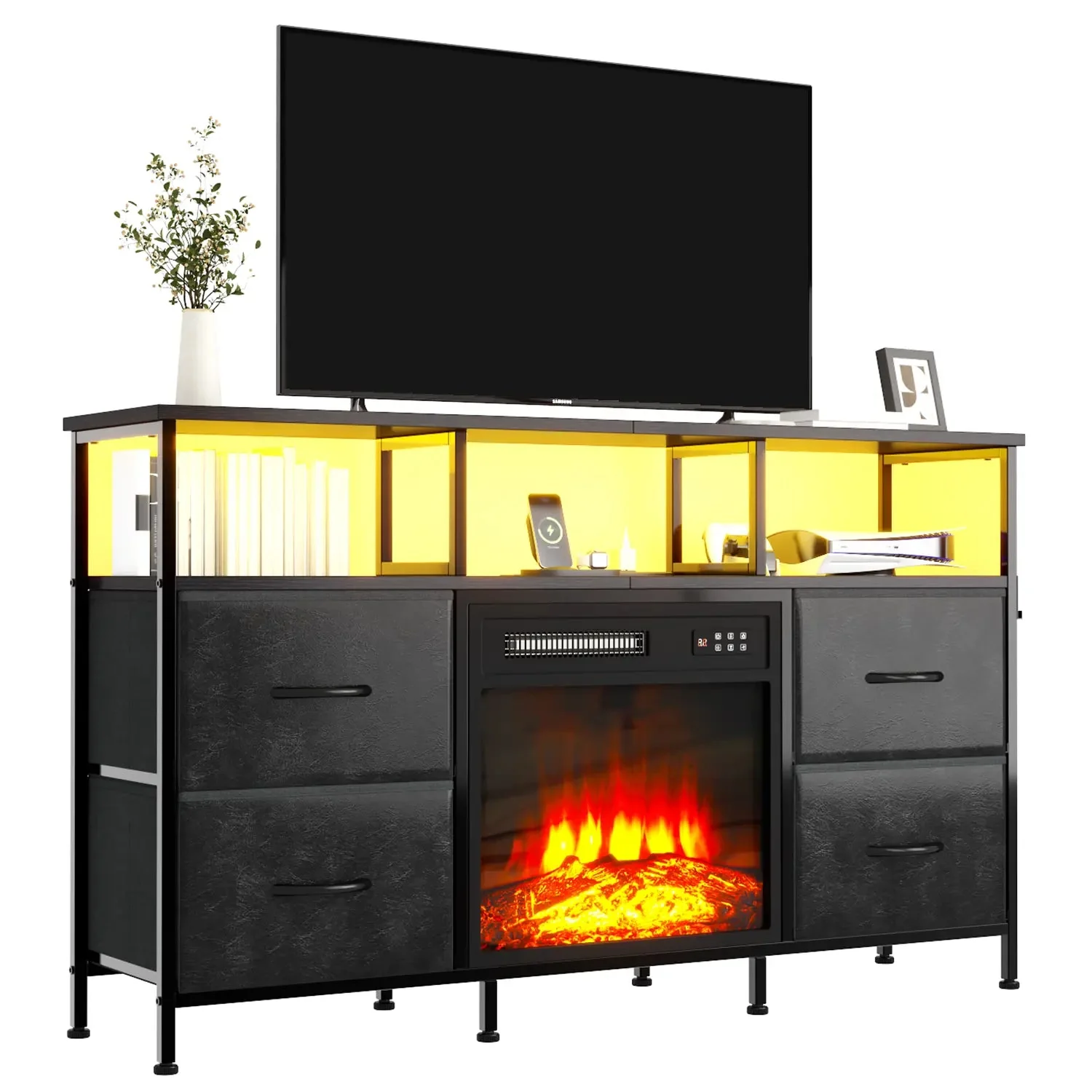 PUKAMI Fireplace TV Stand with 4 Fabric Drawers, TV Stand Dresser with LED Lights and Power Outlets, Fireplace Entertainment Center with Open Shelf for 43,50 Inch TV, for Living Room - Image 6