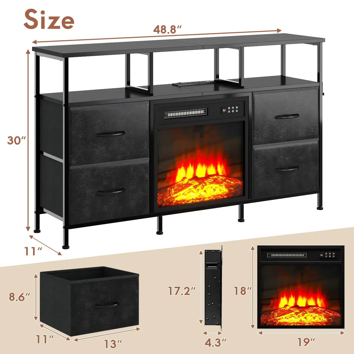 PUKAMI Fireplace TV Stand with 4 Fabric Drawers, TV Stand Dresser with LED Lights and Power Outlets, Fireplace Entertainment Center with Open Shelf for 43,50 Inch TV, for Living Room - Image 9
