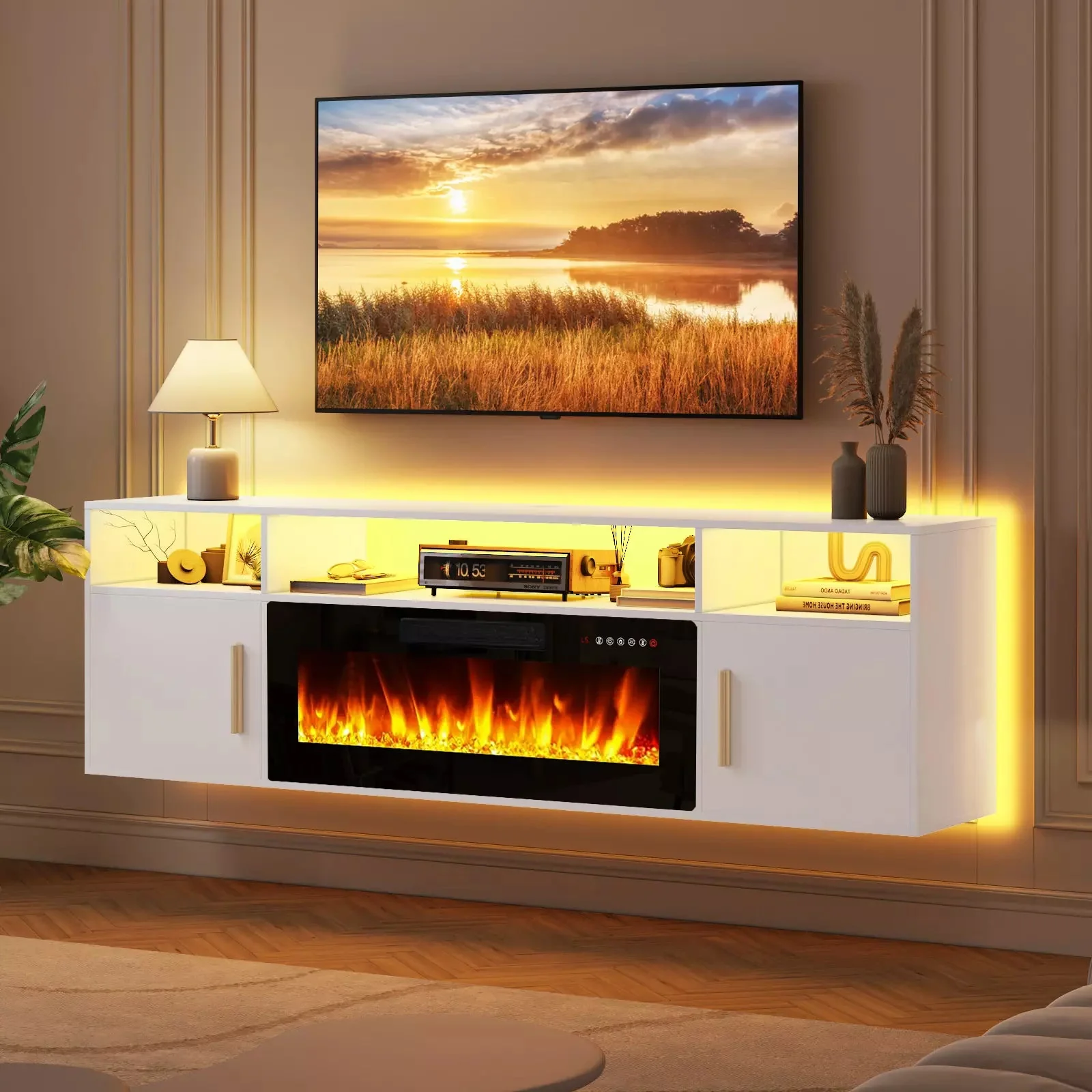 WALEAF Floating Fireplace TV Stand 70'' Wall Mounted Shelf