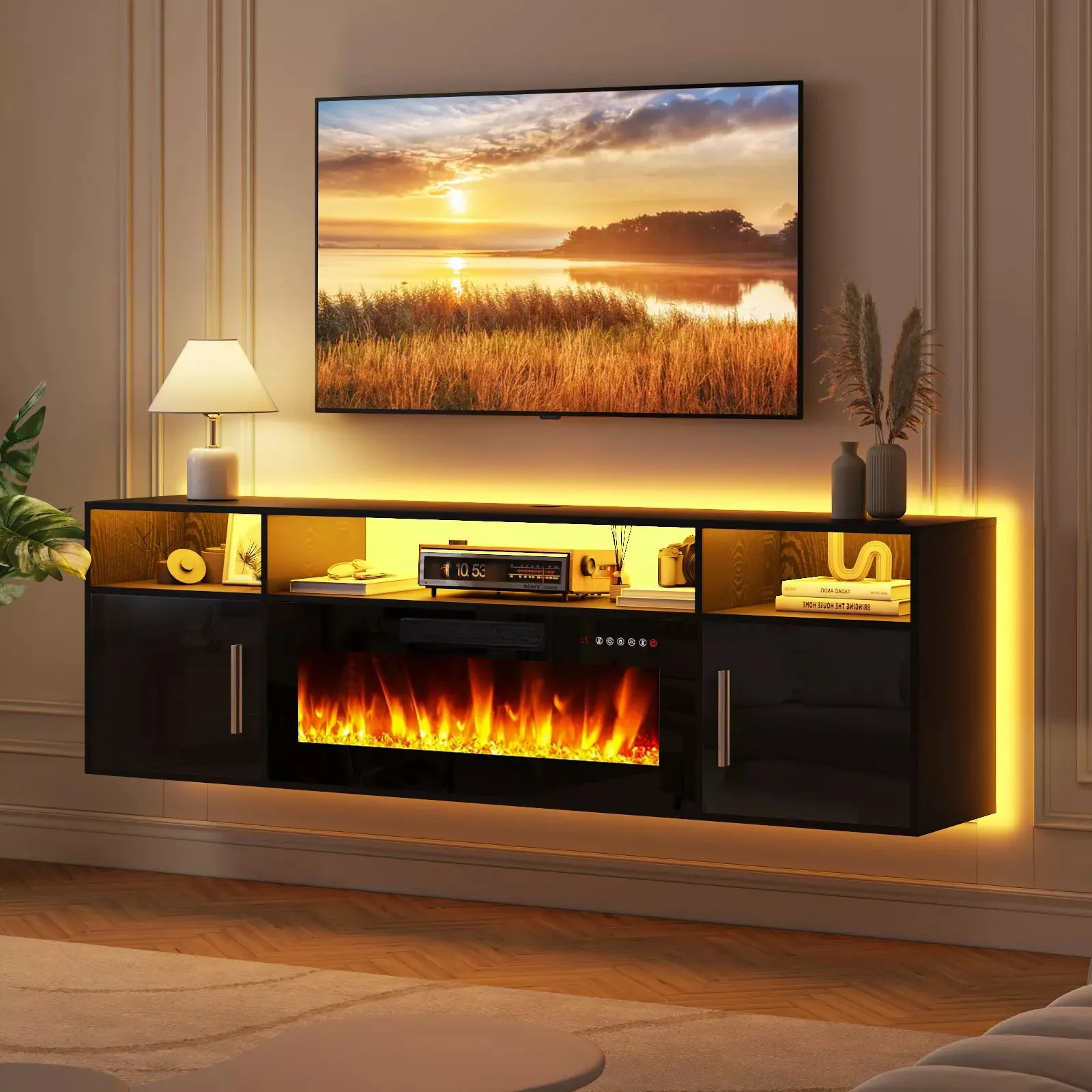 WALEAF Floating Fireplace TV Stand 70'' Wall Mounted Shelf - Image 2