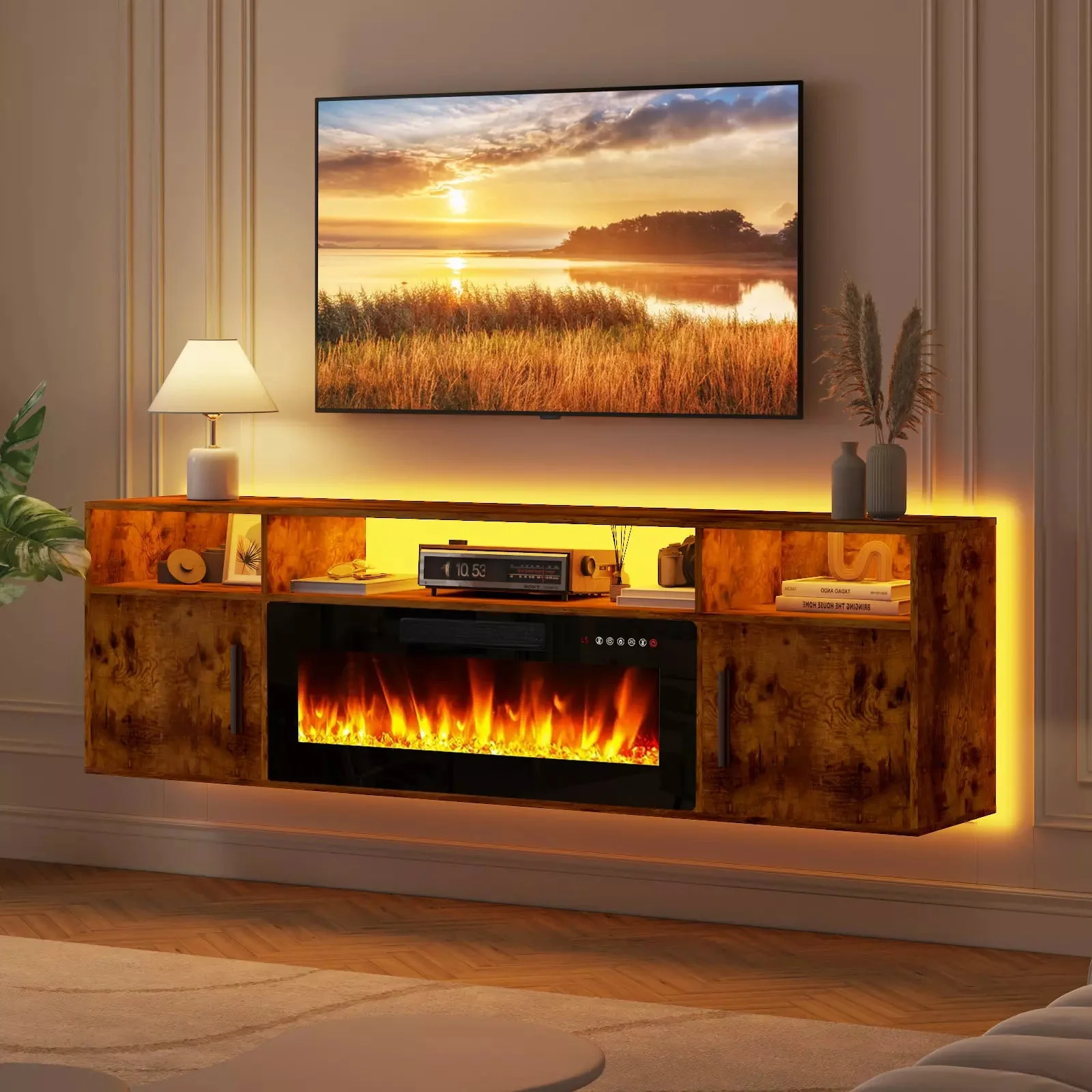 WALEAF Floating Fireplace TV Stand 70'' Wall Mounted Shelf - Image 3