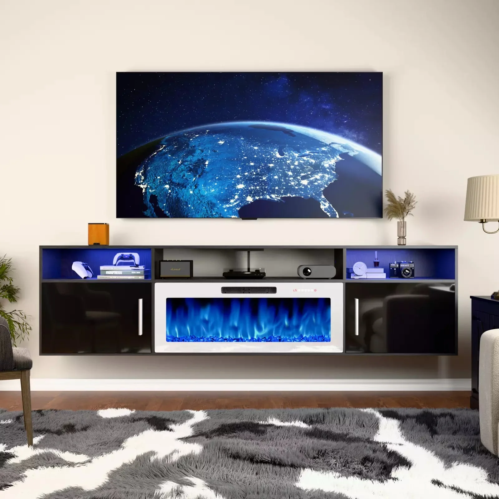 WALEAF Floating Fireplace TV Stand 70'' Wall Mounted Shelf - Image 4