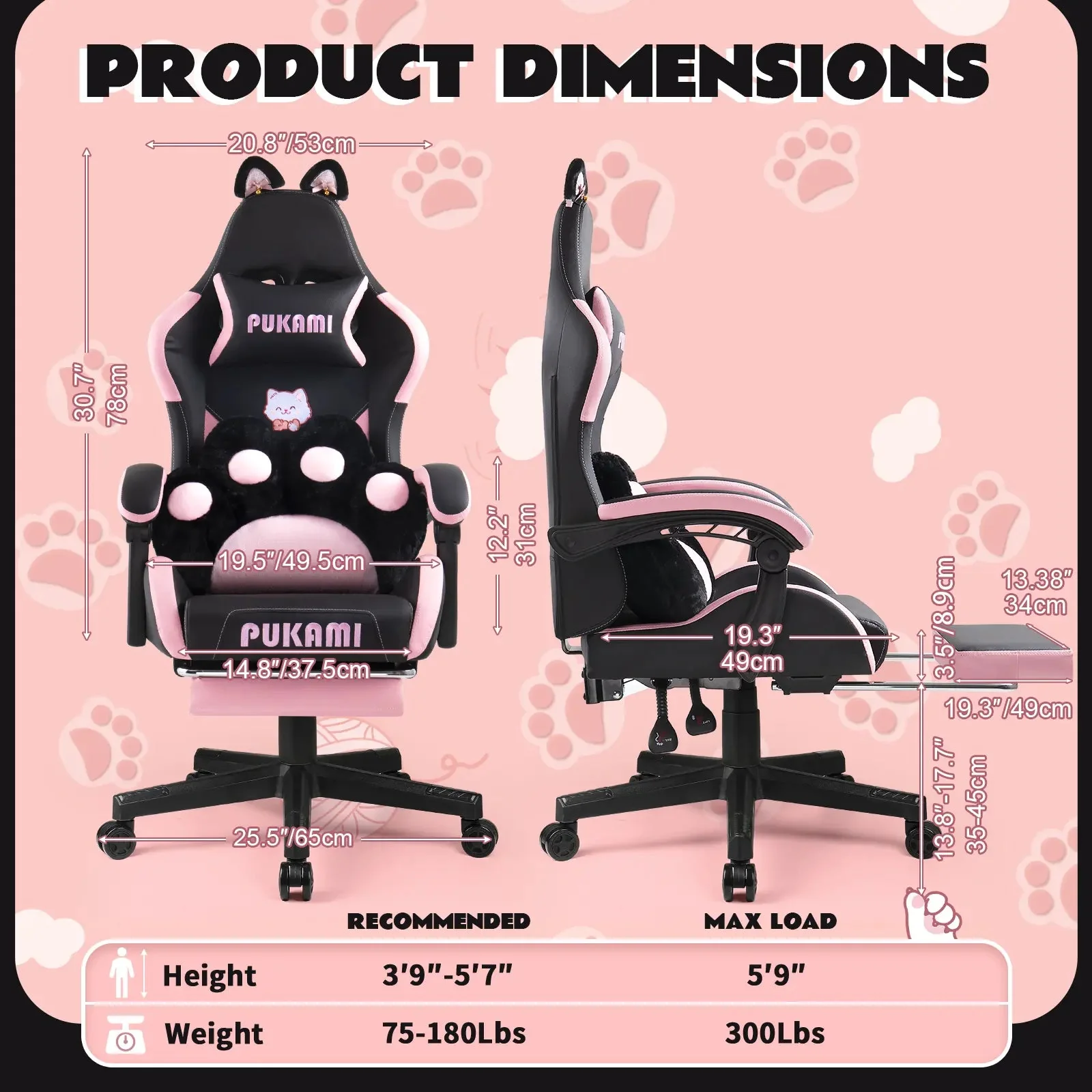 PUKAMI Gaming Chair with Cat Ears and Cat Paw Cushion Pillow - Image 10