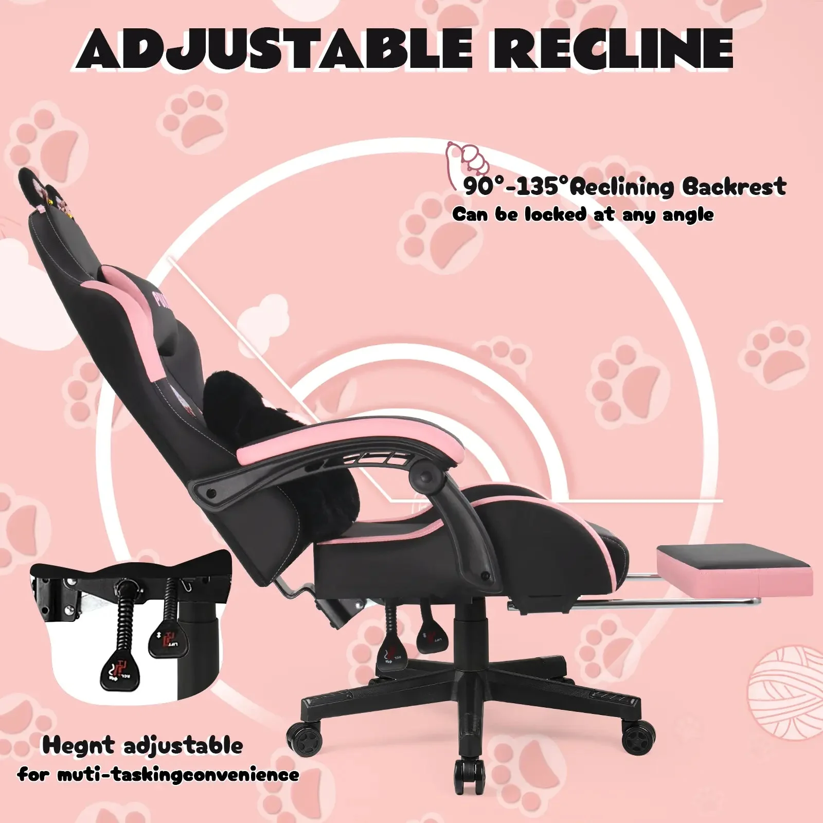 PUKAMI Gaming Chair with Cat Ears and Cat Paw Cushion Pillow - Image 12