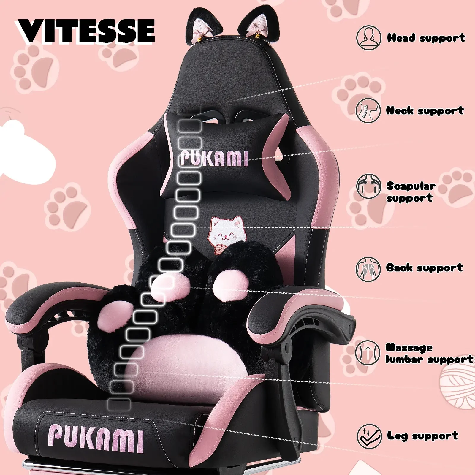 PUKAMI Gaming Chair with Cat Ears and Cat Paw Cushion Pillow - Image 13