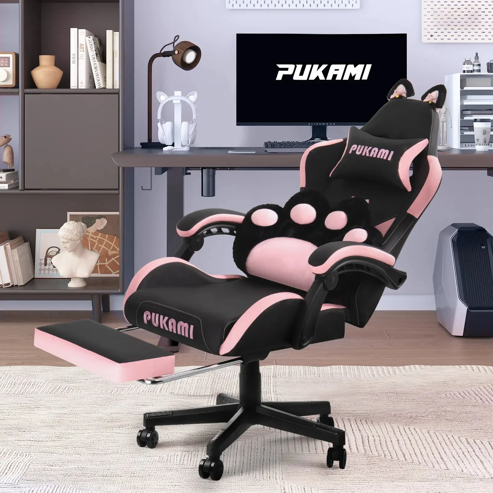PUKAMI Gaming Chair with Cat Ears and Cat Paw Cushion Pillow - Image 15