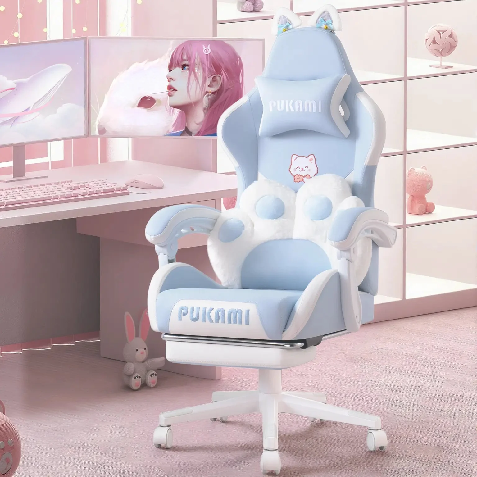 PUKAMI Gaming Chair with Cat Ears and Cat Paw Cushion Pillow - Image 17