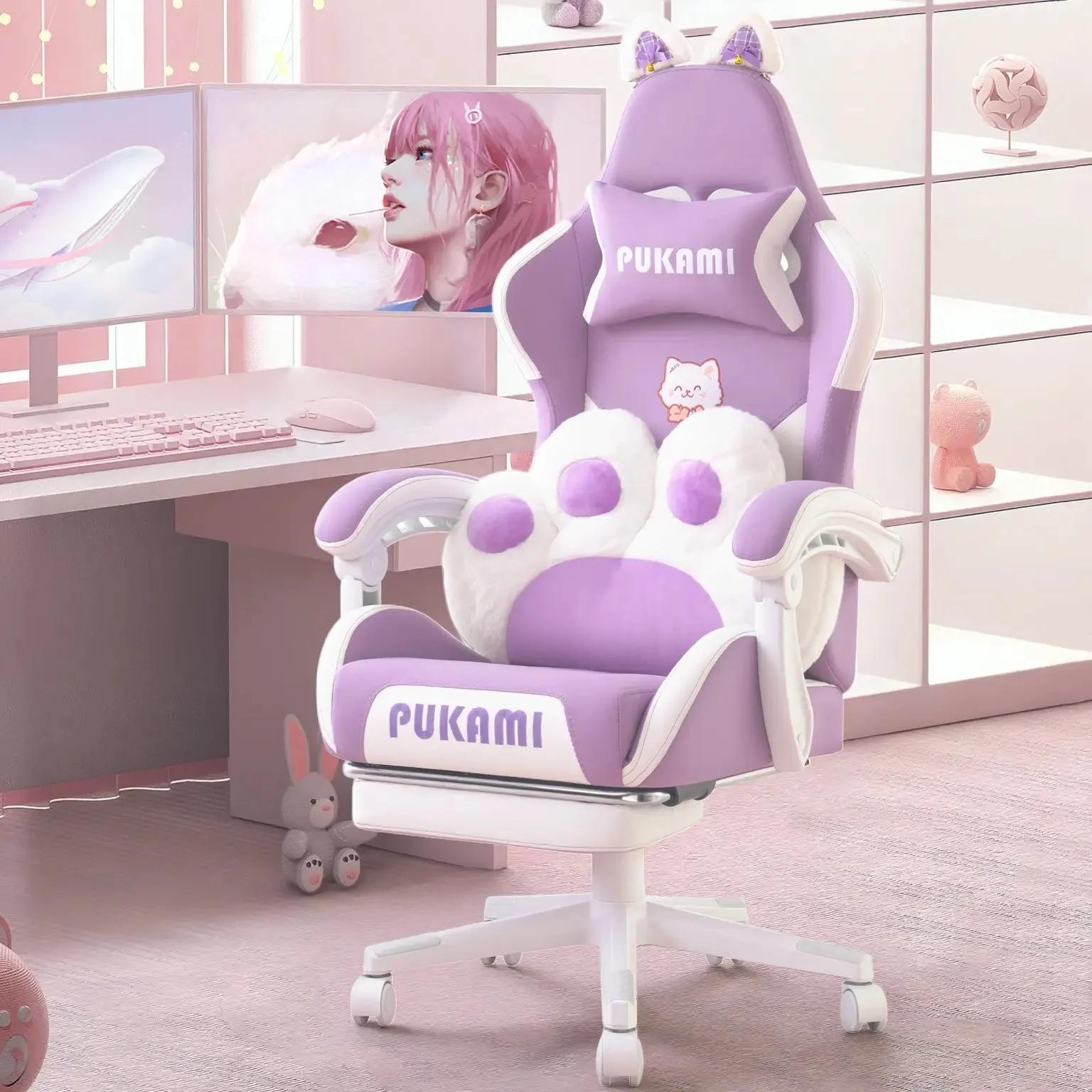 PUKAMI Gaming Chair with Cat Ears and Cat Paw Cushion Pillow - Image 18