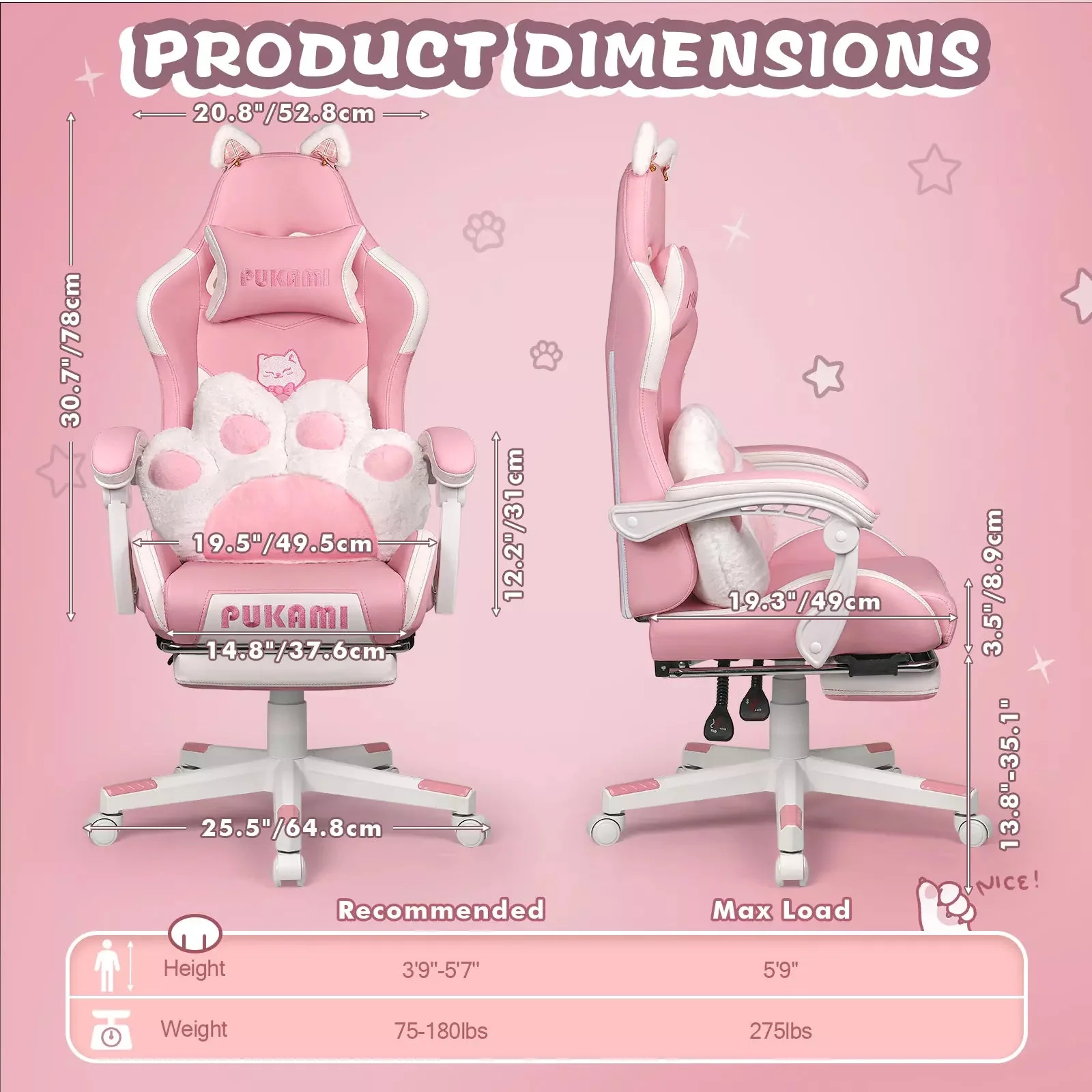 PUKAMI Gaming Chair with Cat Ears and Cat Paw Cushion Pillow - Image 3