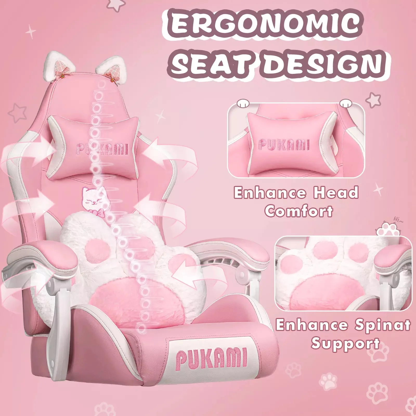 PUKAMI Gaming Chair with Cat Ears and Cat Paw Cushion Pillow - Image 4