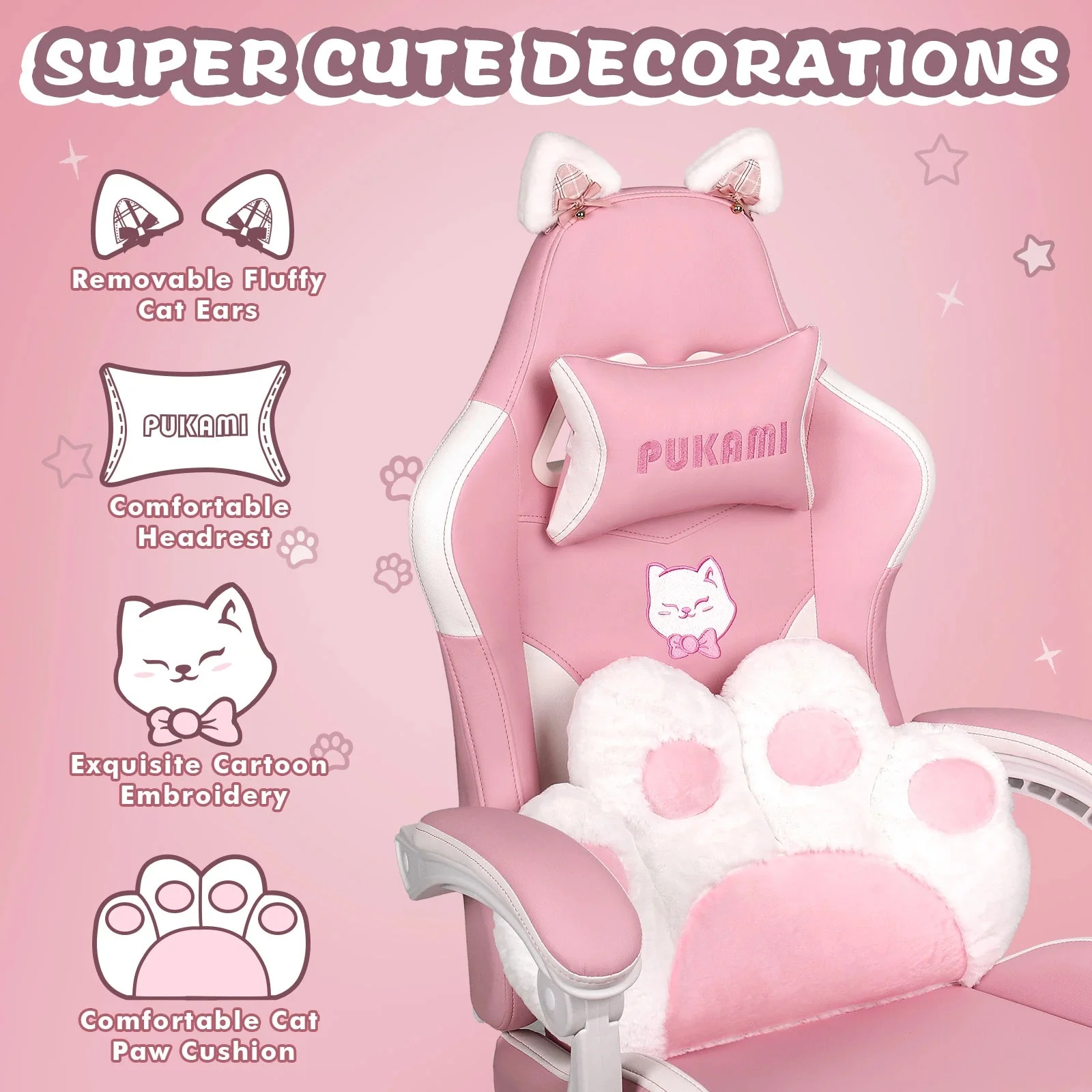 PUKAMI Gaming Chair with Cat Ears and Cat Paw Cushion Pillow - Image 6