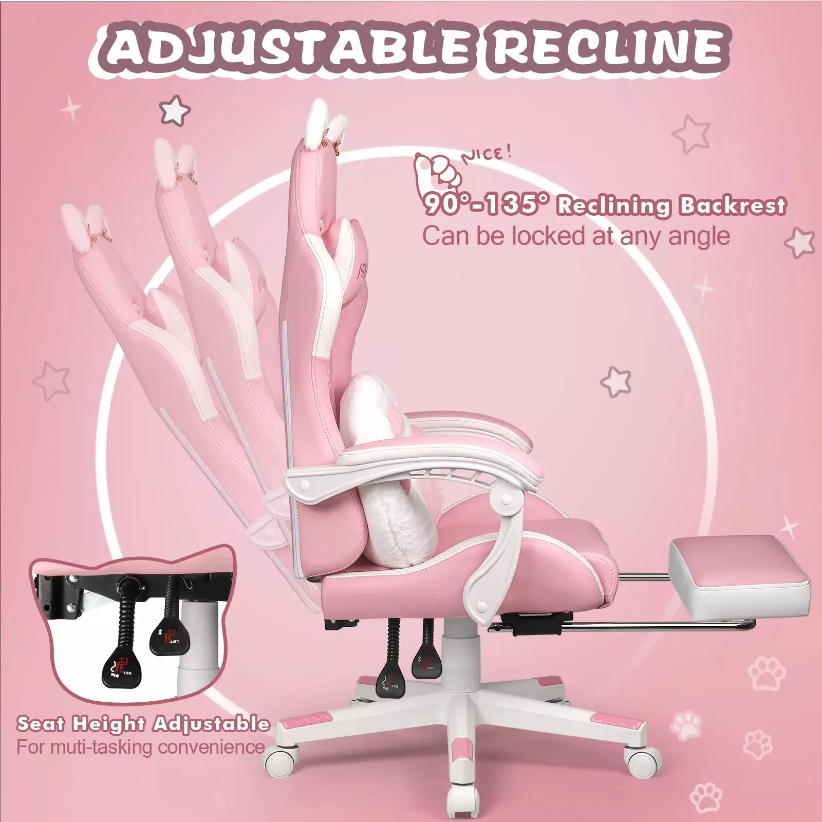 PUKAMI Gaming Chair with Cat Ears and Cat Paw Cushion Pillow - Image 7