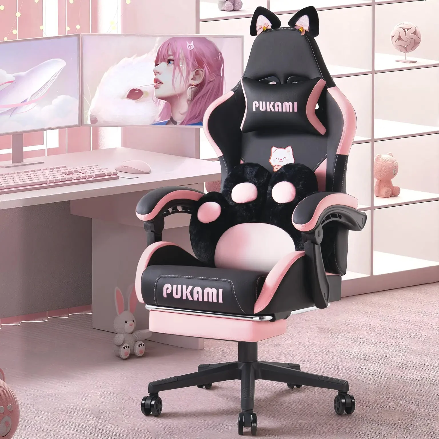 PUKAMI Gaming Chair with Cat Ears and Cat Paw Cushion Pillow - Image 8