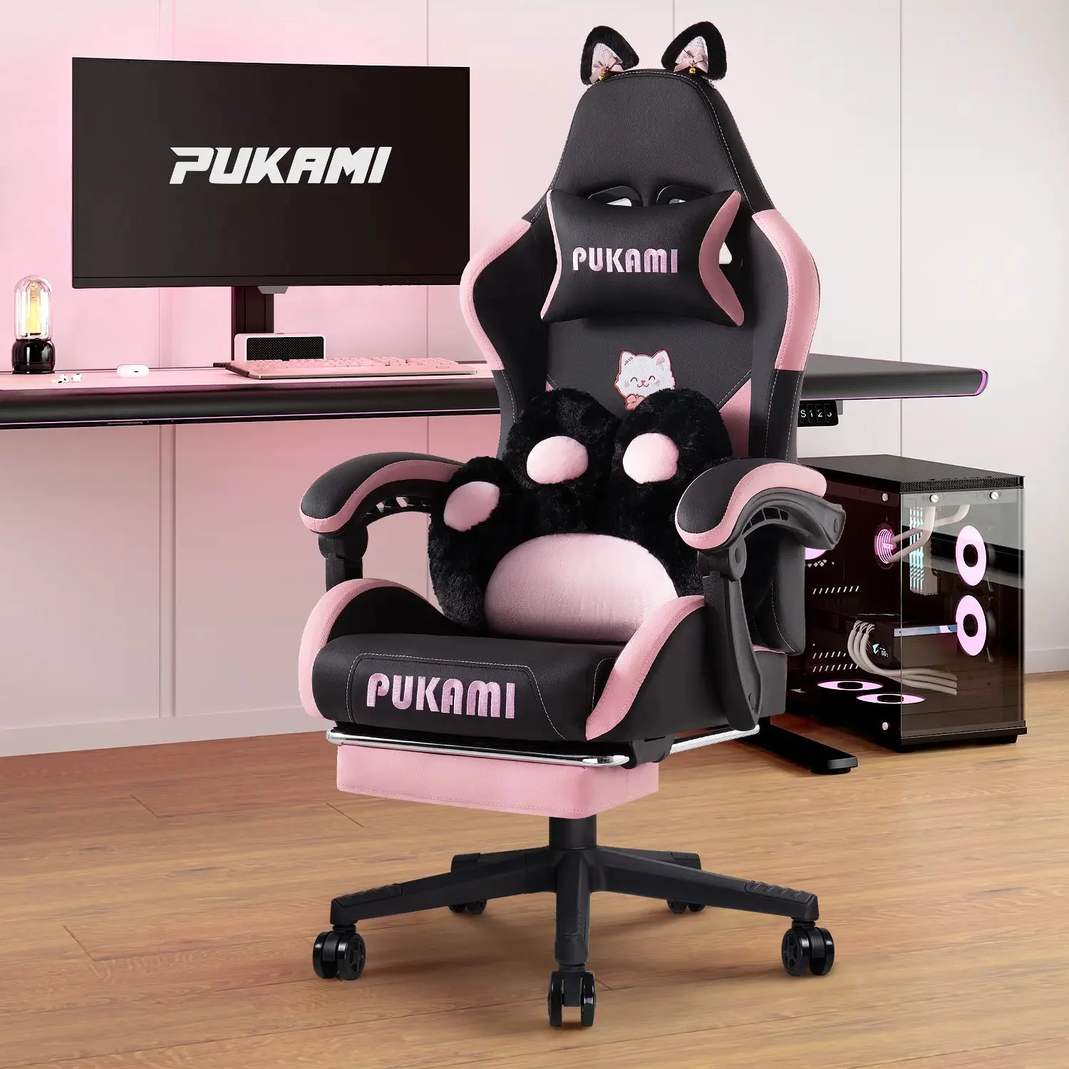 PUKAMI Gaming Chair with Cat Ears and Cat Paw Cushion Pillow - Image 9