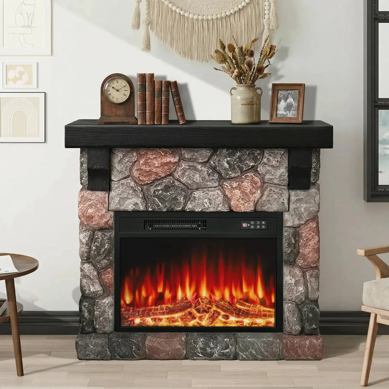 36" Electric Fireplace with Mantel, 23 inch Electric Fireplace Insert, TV Stand Freestanding Heater with Remote Control Timer LED Flame for Living Room Bedroom,Faux Stone Gray - Image 3