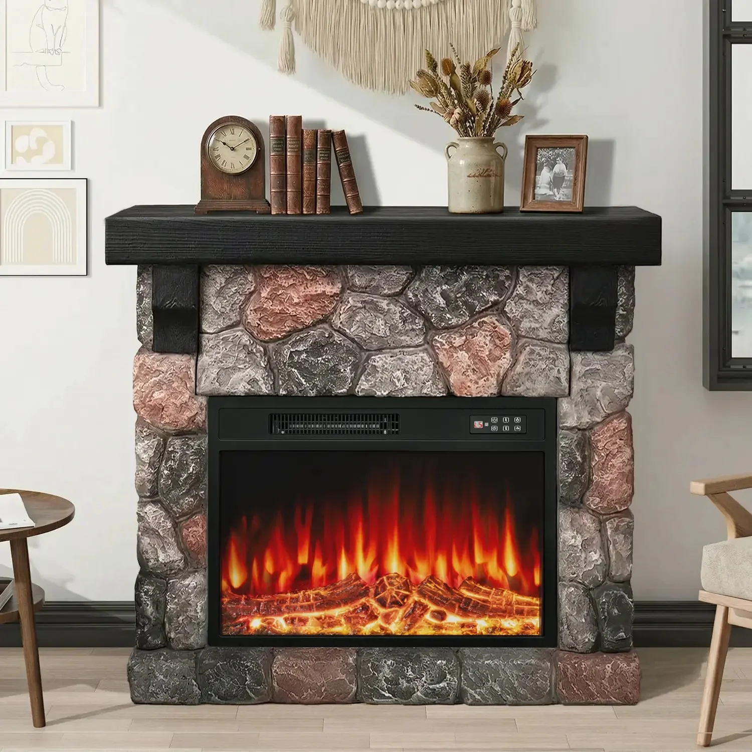 36" Electric Fireplace with Mantel, 23 inch Electric Fireplace Insert, TV Stand Freestanding Heater with Remote Control Timer LED Flame for Living Room Bedroom,Faux Stone Gray - Image 4