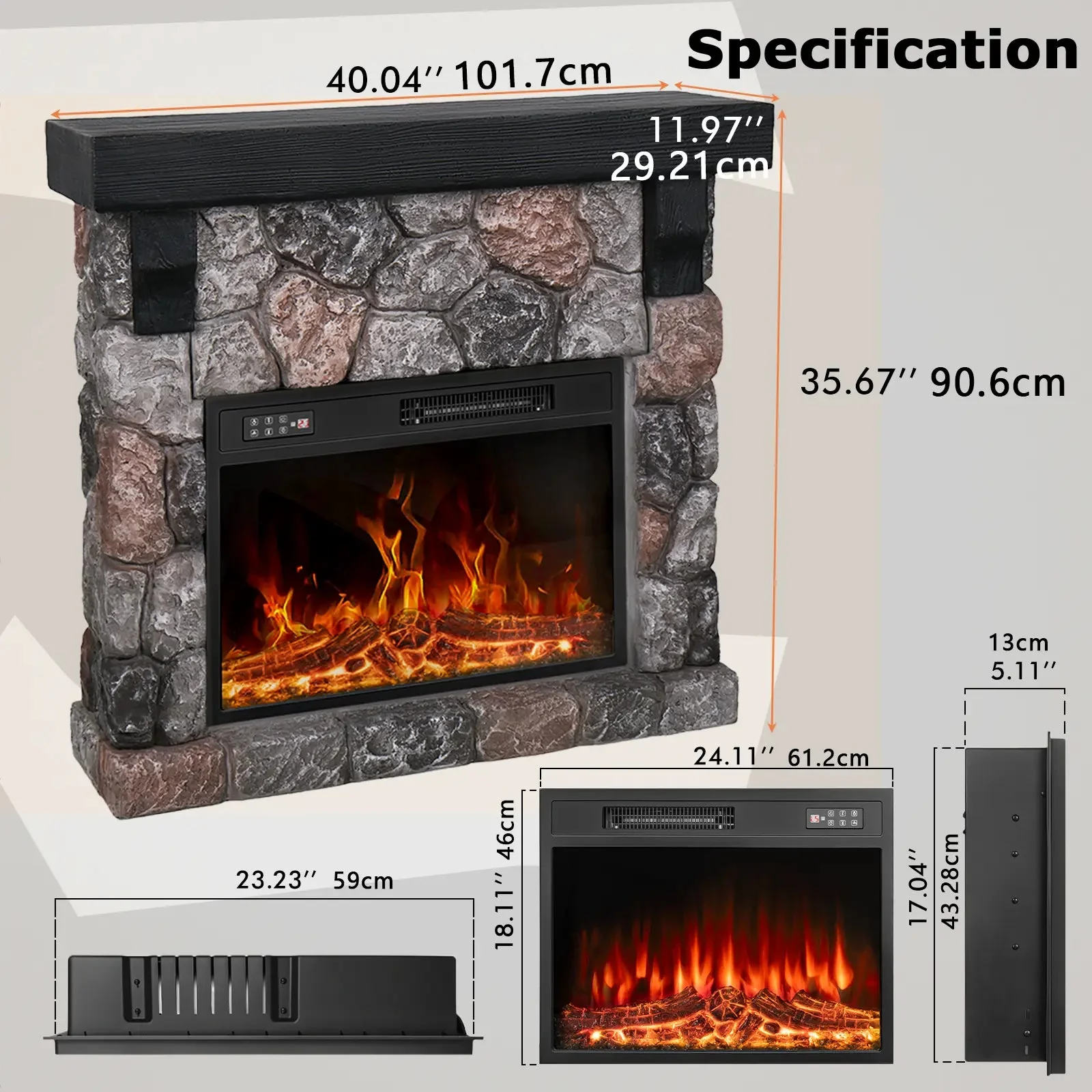 36" Electric Fireplace with Mantel, 23 inch Electric Fireplace Insert, TV Stand Freestanding Heater with Remote Control Timer LED Flame for Living Room Bedroom,Faux Stone Gray - Image 5