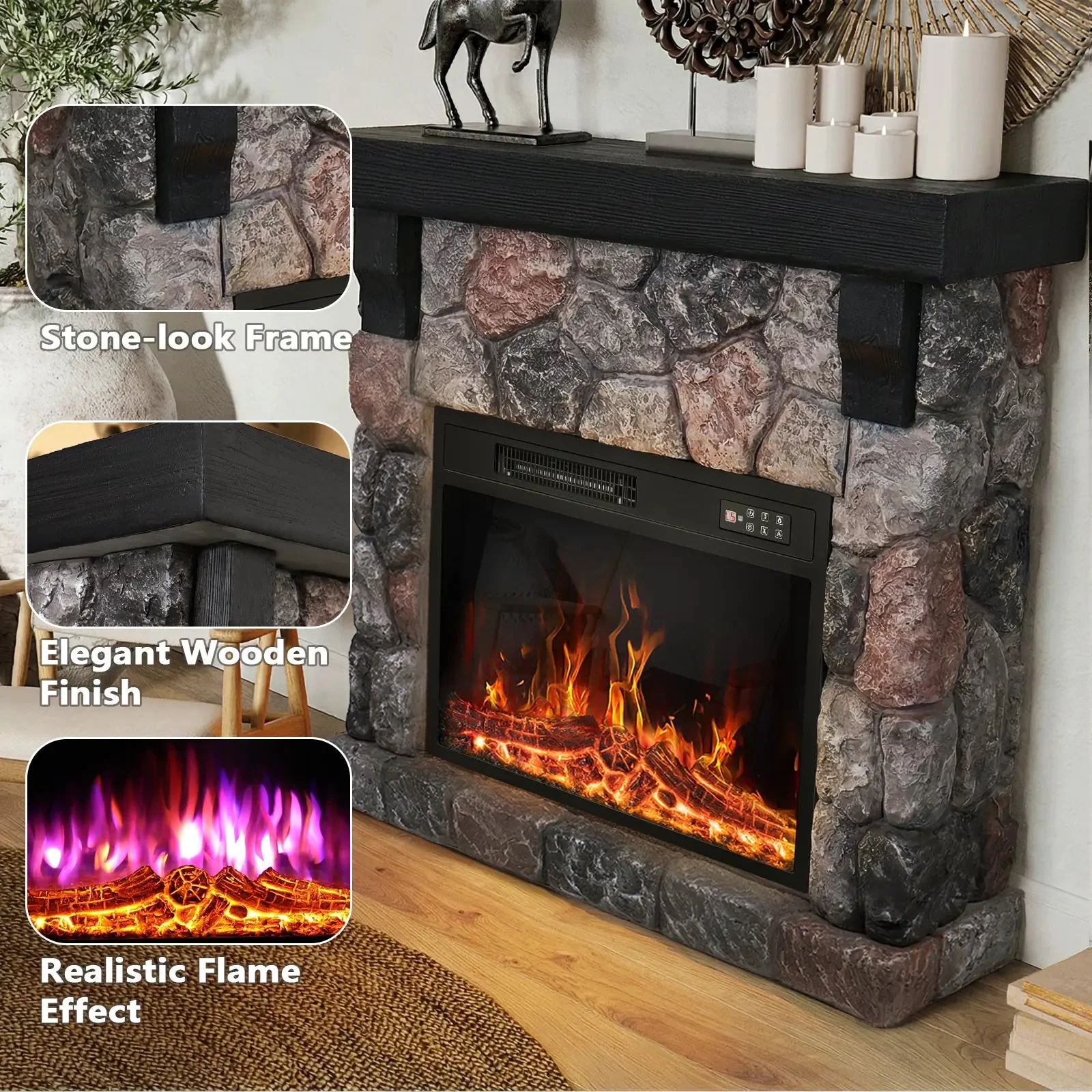 36" Electric Fireplace with Mantel, 23 inch Electric Fireplace Insert, TV Stand Freestanding Heater with Remote Control Timer LED Flame for Living Room Bedroom,Faux Stone Gray - Image 6