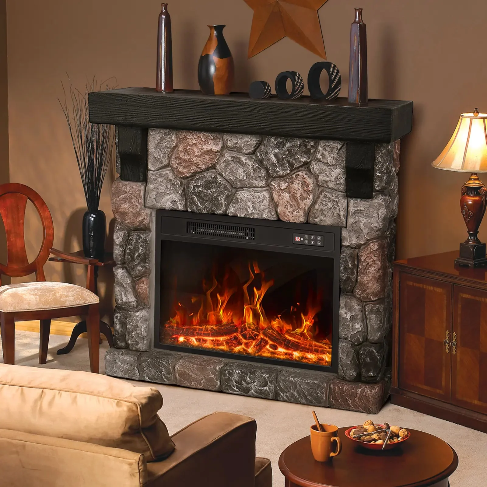 36" Electric Fireplace with Mantel, 23 inch Electric Fireplace Insert, TV Stand Freestanding Heater with Remote Control Timer LED Flame for Living Room Bedroom,Faux Stone Gray - Image 7