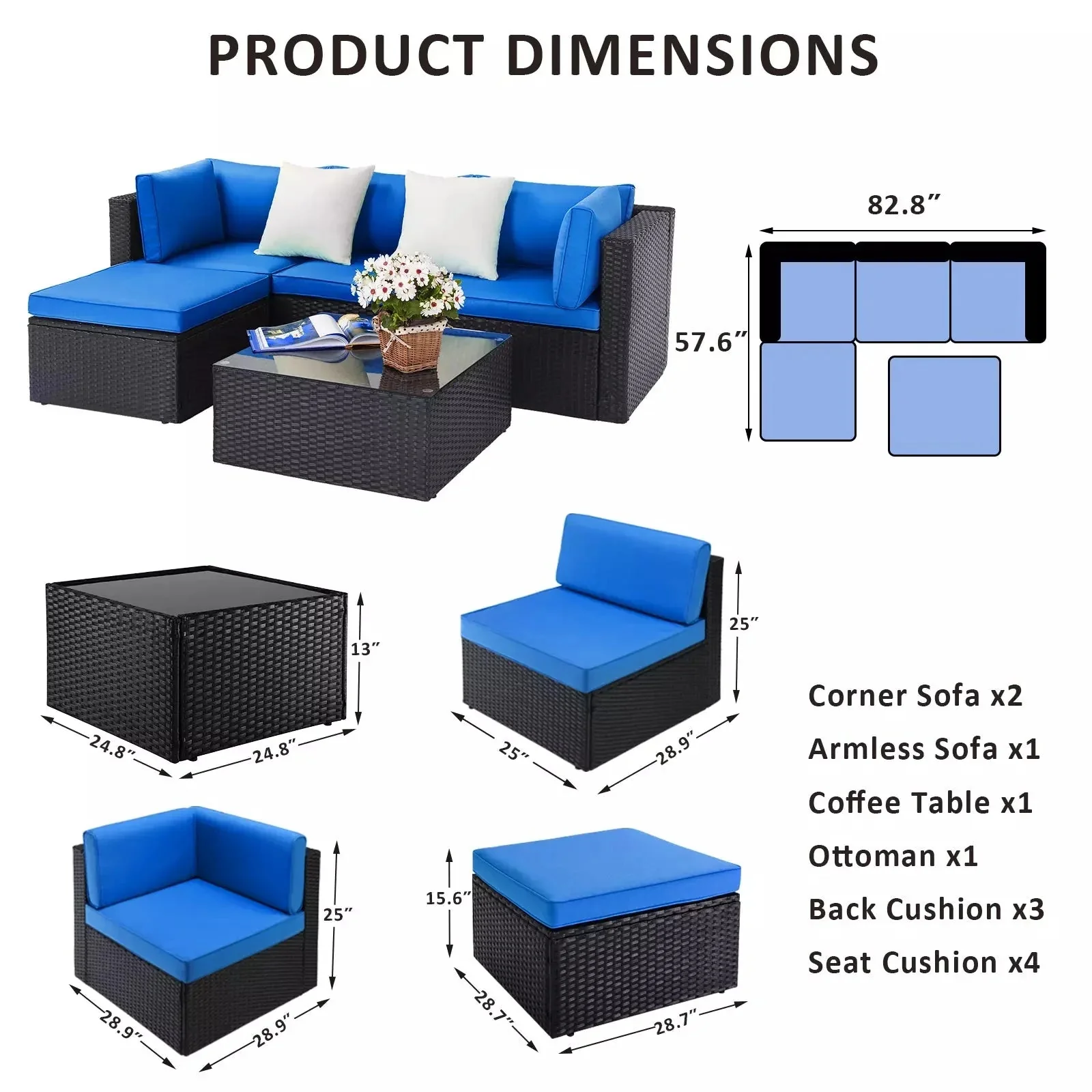 Vitesse 5 Pieces L Shaped Modular Patio Furniture Sets with Ottoman - Image 14