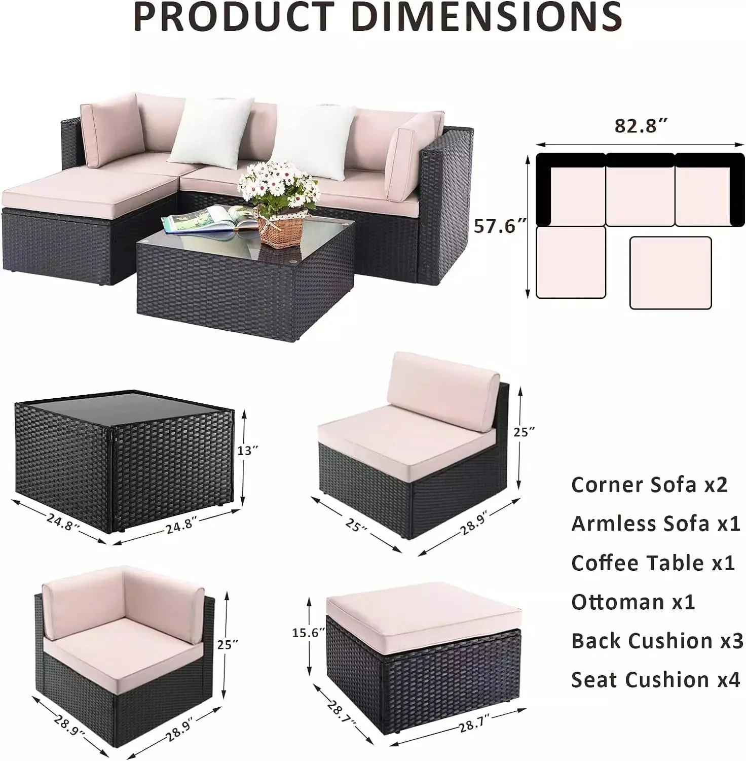 Vitesse 5 Pieces L Shaped Modular Patio Furniture Sets with Ottoman - Image 43