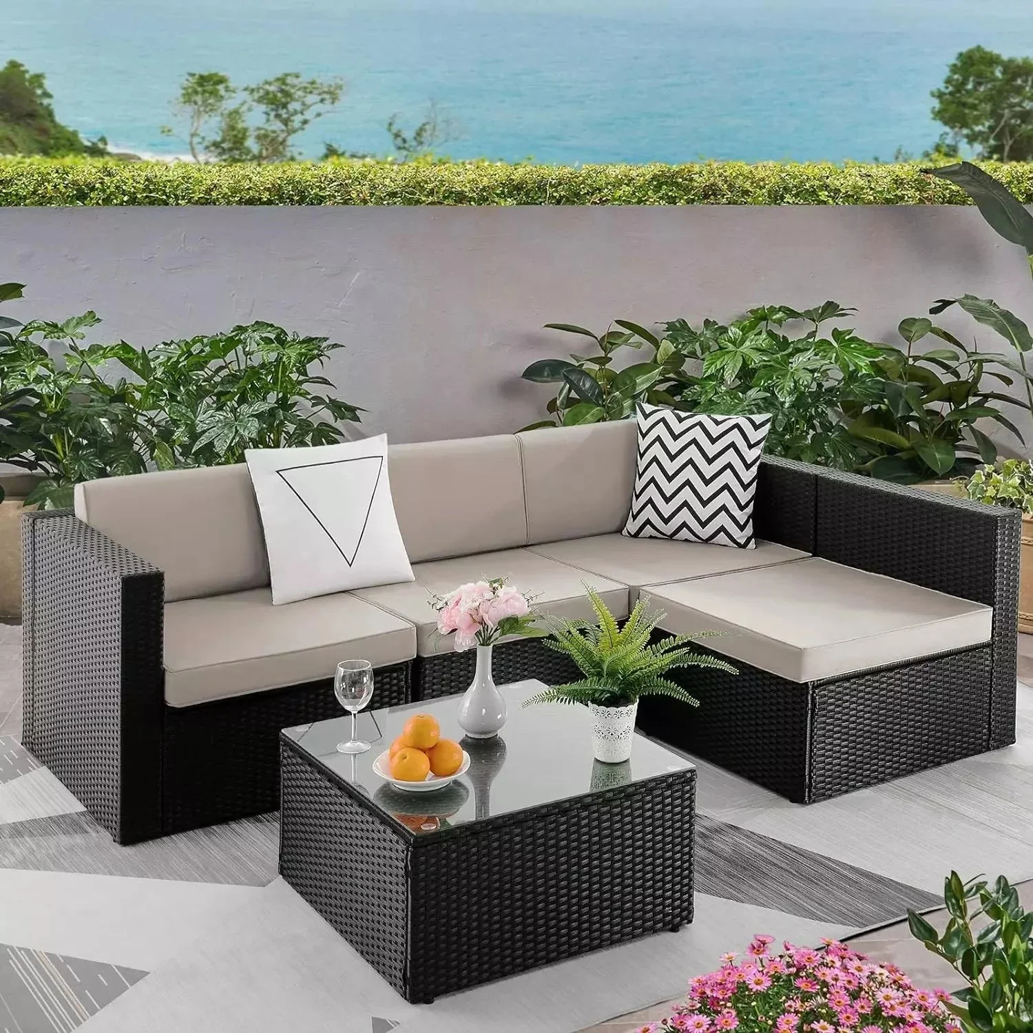 Vitesse 5 Pieces Patio Furniture Sets, Outdoor Sectional Sofa with Table
