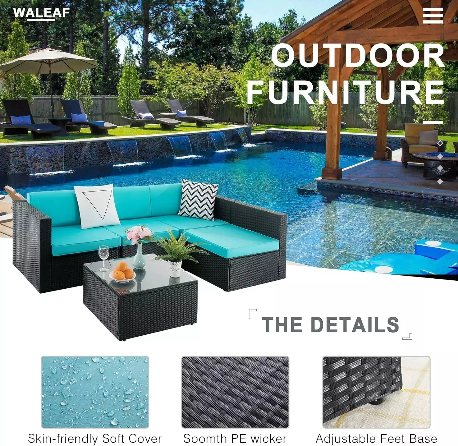 Vitesse 5 Pieces Patio Furniture Sets, Outdoor Sectional Sofa with Table PF02 - Image 28