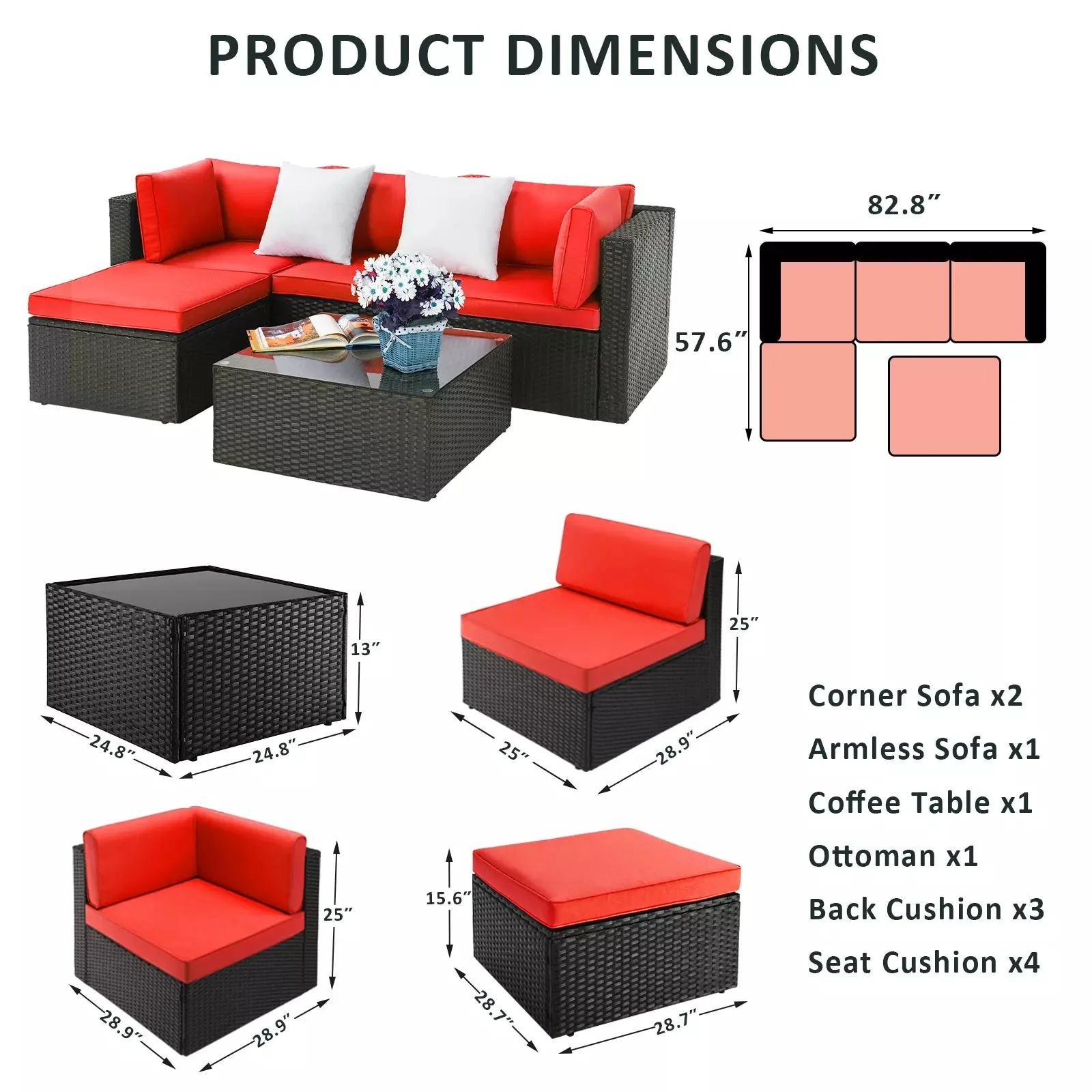 Vitesse 5 Pieces L Shaped Modular Patio Furniture Sets with Ottoman PF01 - Image 23
