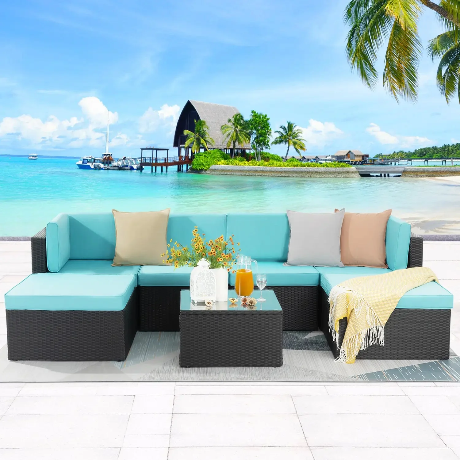 Vitesse 5 Pieces L Shaped Modular Patio Furniture Sets with Ottoman PF01 - Image 70