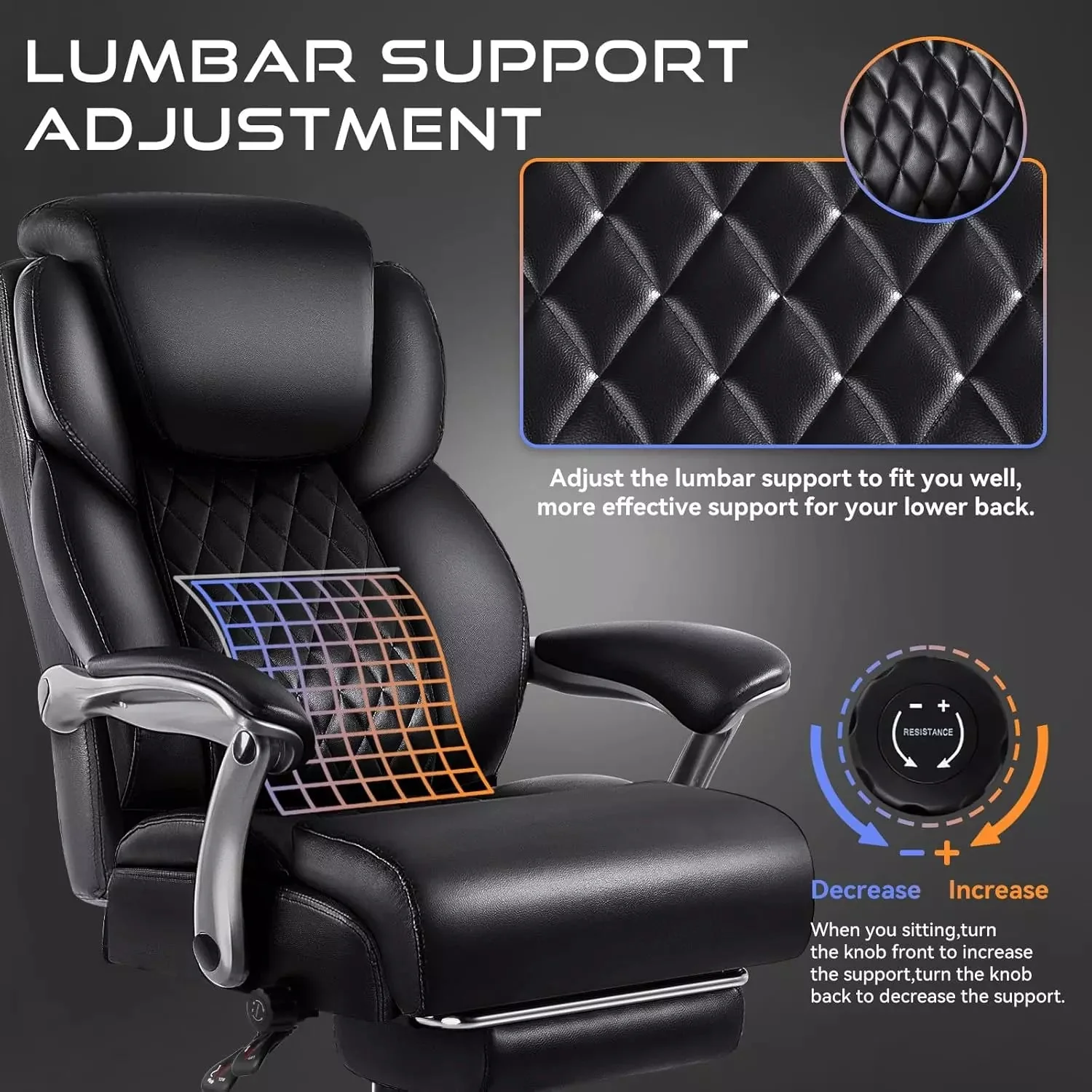 VITESSE 600lbs Big and Tall Office Chair with Foot Rest and Lifting Headrest,Large Heavy Duty Chair with Adjustable Lumber Support,Executive Office Chair,Leather Chair for Heavy People - Image 2