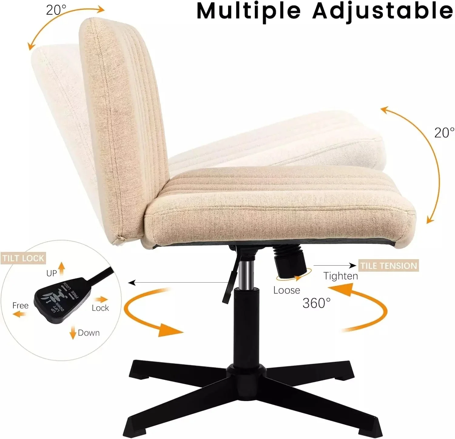 VITESSE Armless Swivel Office Chair, Height Adjustable Wide Seat Vanity Chair OFC06 - Image 40