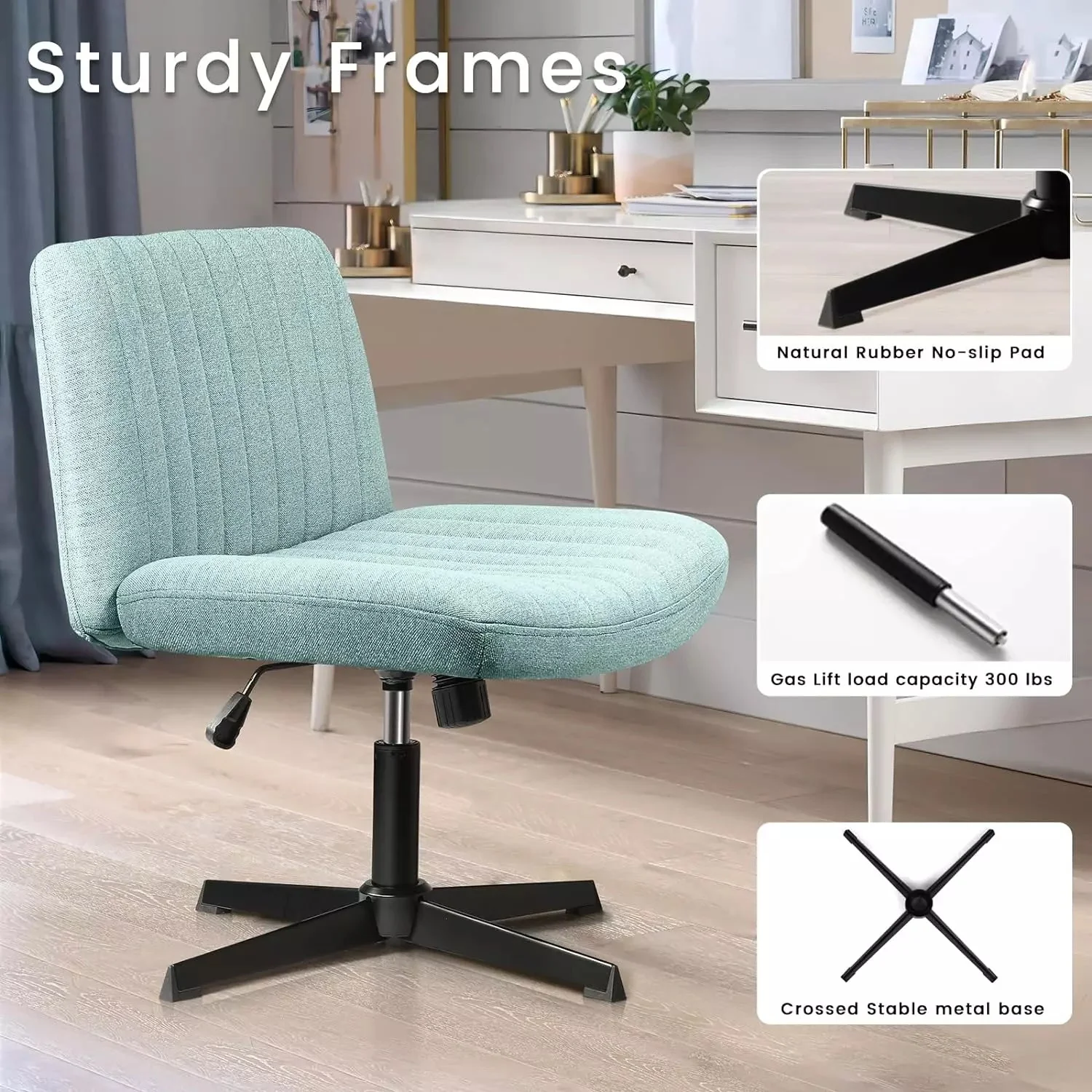 VITESSE Armless Swivel Office Chair, Height Adjustable Wide Seat Vanity Chair OFC06 - Image 45
