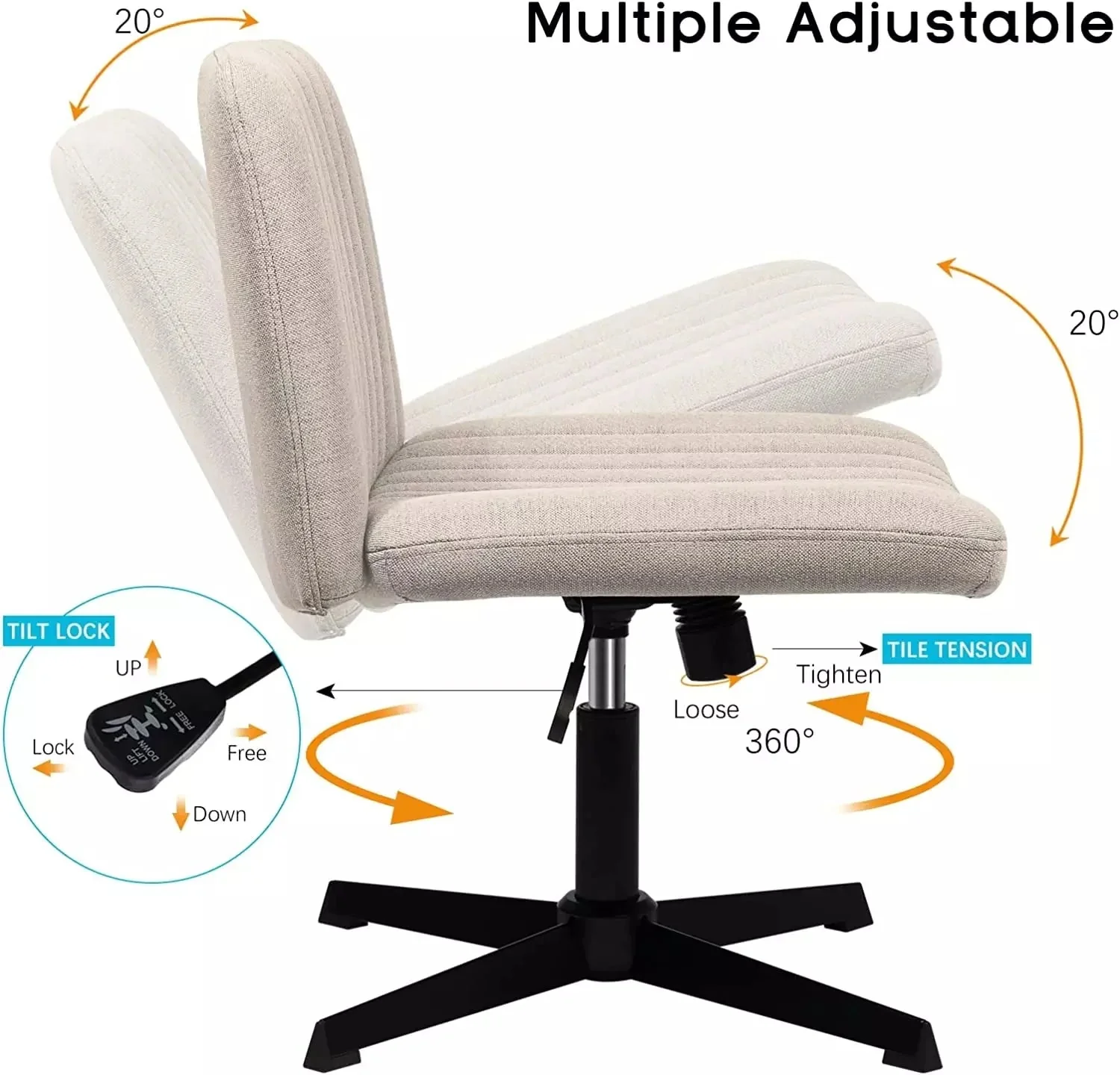 VITESSE Armless Swivel Office Chair, Height Adjustable Wide Seat Vanity Chair OFC06 - Image 5