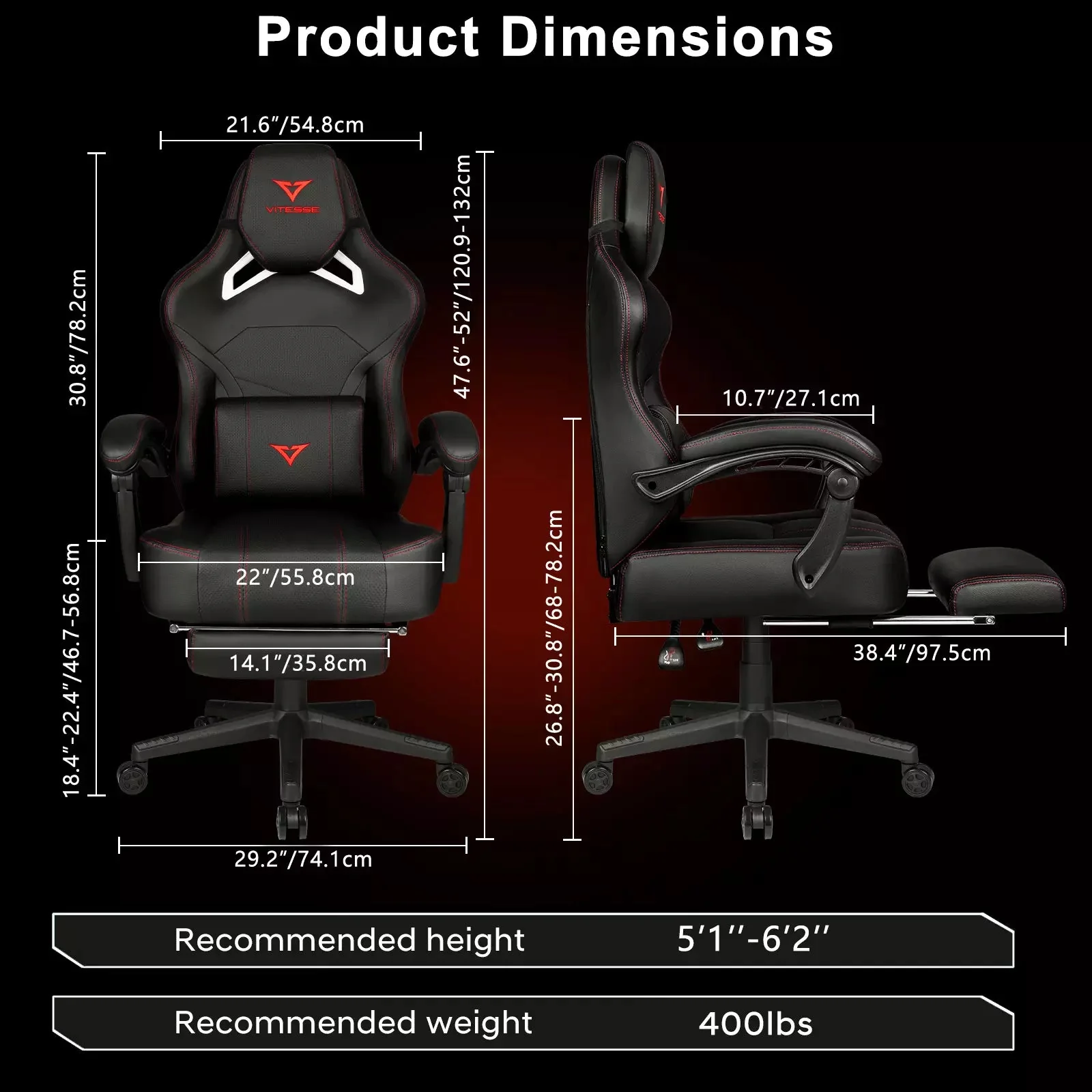 VITESSE Big and Tall Gaming Chair 400lb, Ergonomic Video Game Chair VGC02 - Image 3