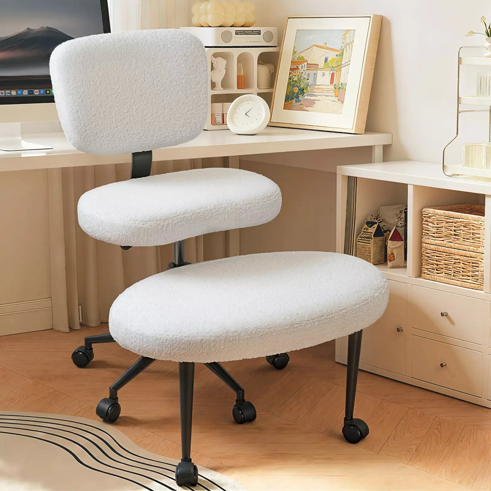 VITESSE Cross-Legged Ergonomic Chair 360° Swivel with Wheels, Adjustable Meditation Seat for ADHD, Lumbar Support, Teddy Fabric Home Office Chair