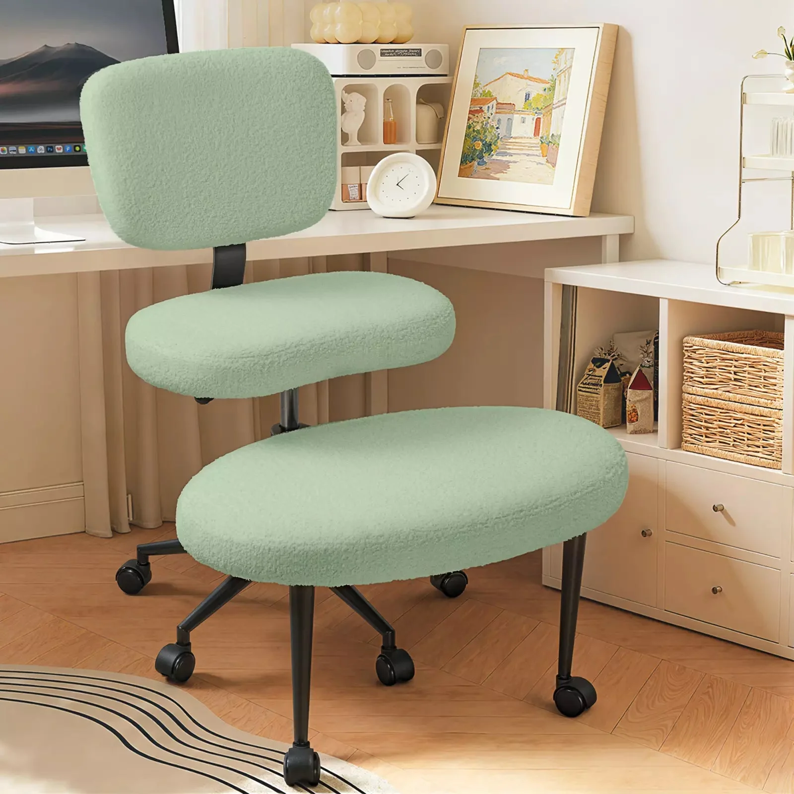 VITESSE Cross-Legged Ergonomic Chair 360° Swivel with Wheels, Adjustable Meditation Seat for ADHD, Lumbar Support, Teddy Fabric Home Office Chair - Image 3