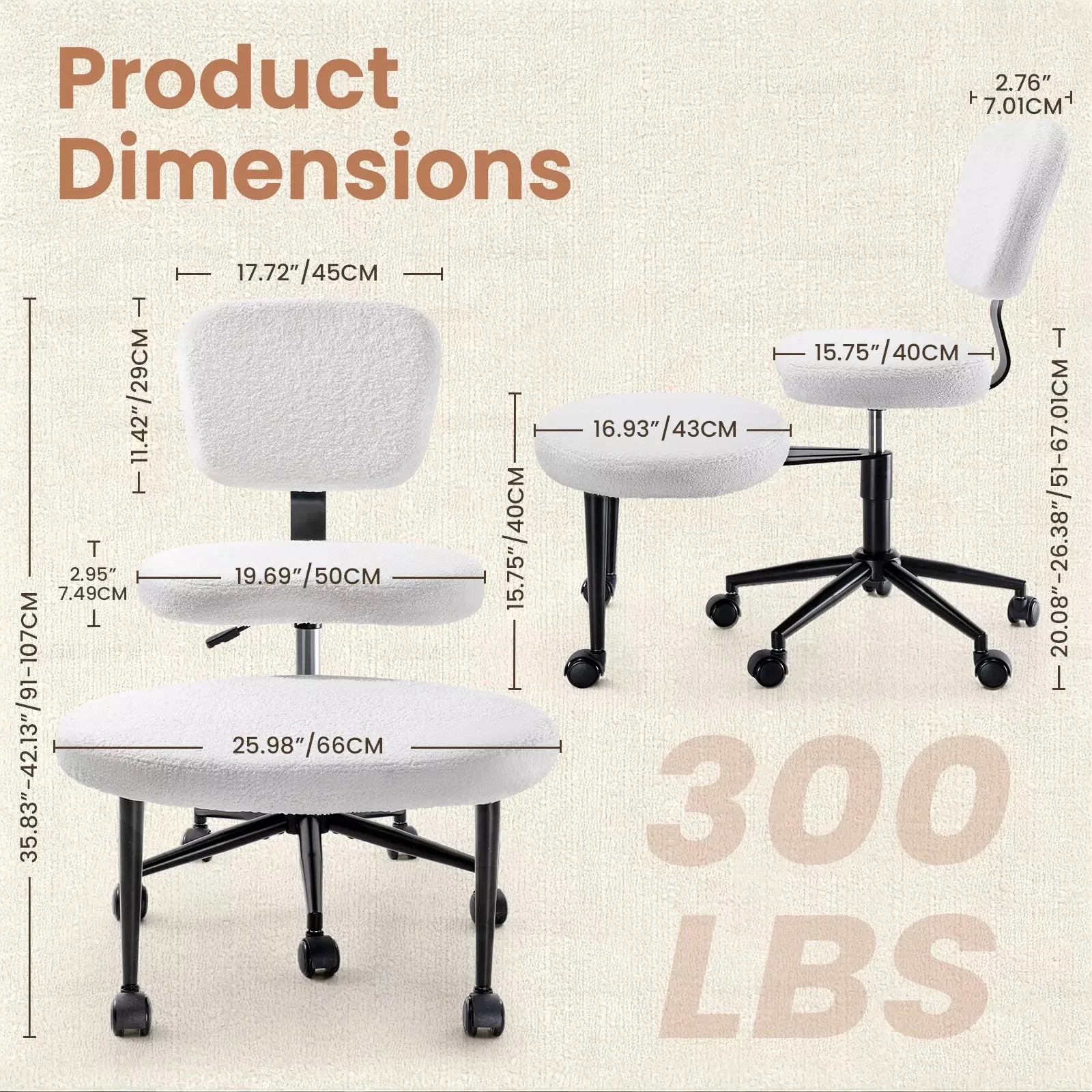 VITESSE Cross-Legged Ergonomic Chair 360° Swivel with Wheels, Adjustable Meditation Seat for ADHD, Lumbar Support, Teddy Fabric Home Office Chair - Image 5