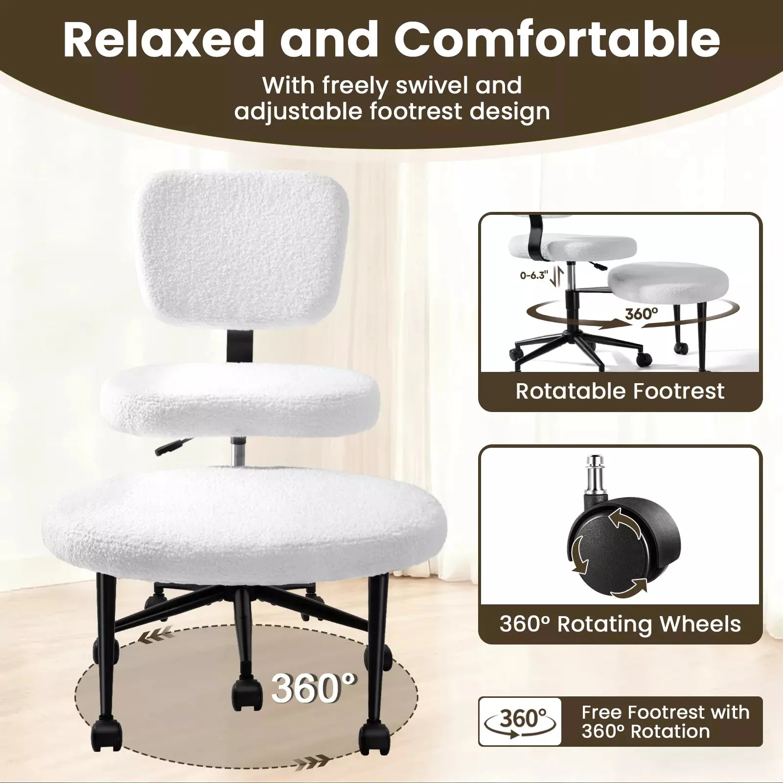 VITESSE Cross-Legged Ergonomic Chair 360° Swivel with Wheels, Adjustable Meditation Seat for ADHD, Lumbar Support, Teddy Fabric Home Office Chair - Image 6