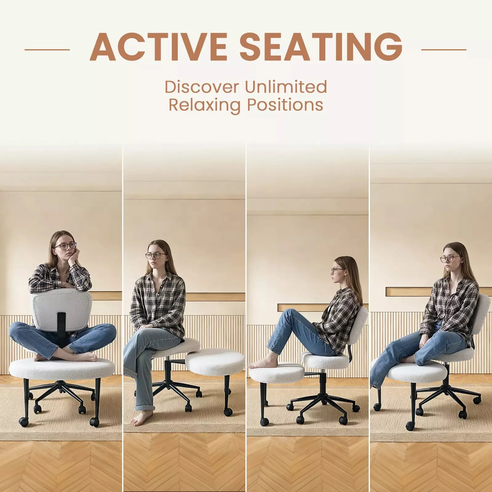 VITESSE Cross-Legged Ergonomic Chair 360° Swivel with Wheels, Adjustable Meditation Seat for ADHD, Lumbar Support, Teddy Fabric Home Office Chair - Image 8
