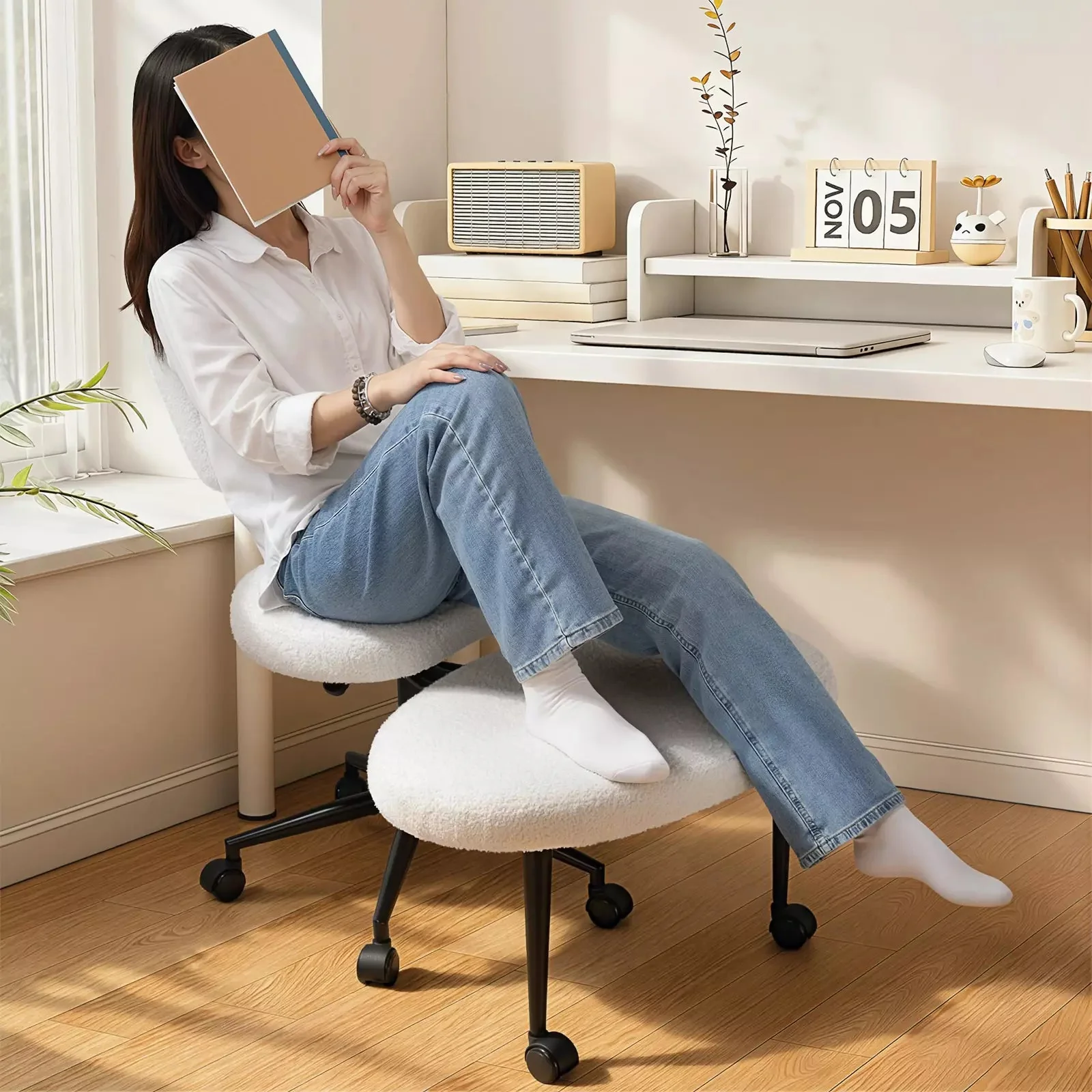 VITESSE Cross-Legged Ergonomic Chair 360° Swivel with Wheels, Adjustable Meditation Seat for ADHD, Lumbar Support, Teddy Fabric Home Office Chair - Image 9