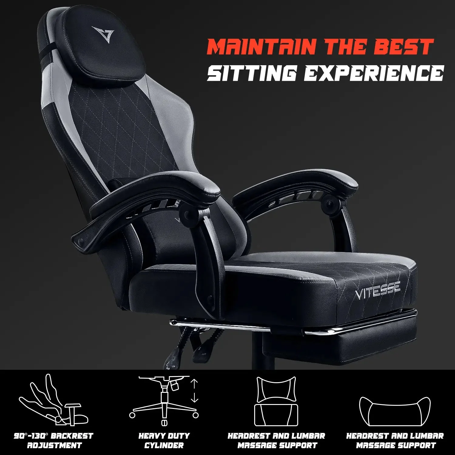 VITESSE Ergonomic Gaming Chair for Adults, 400 lbs PC Computer Chair, Racing Office Chair, Silla Gamer Height Adjustable Swivel Chair with Lumbar Vibration Support and Headrest - Image 11