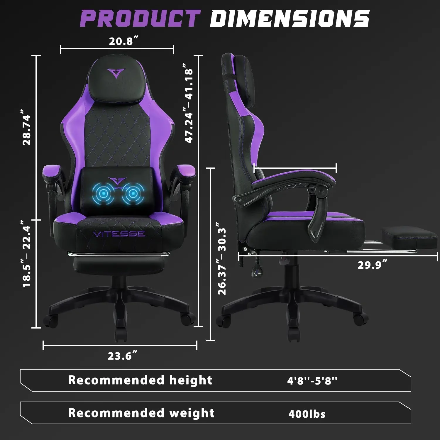 VITESSE Ergonomic Gaming Chair for Adults, 400 lbs PC Computer Chair, Racing Office Chair, Silla Gamer Height Adjustable Swivel Chair with Lumbar Vibration Support and Headrest - Image 16