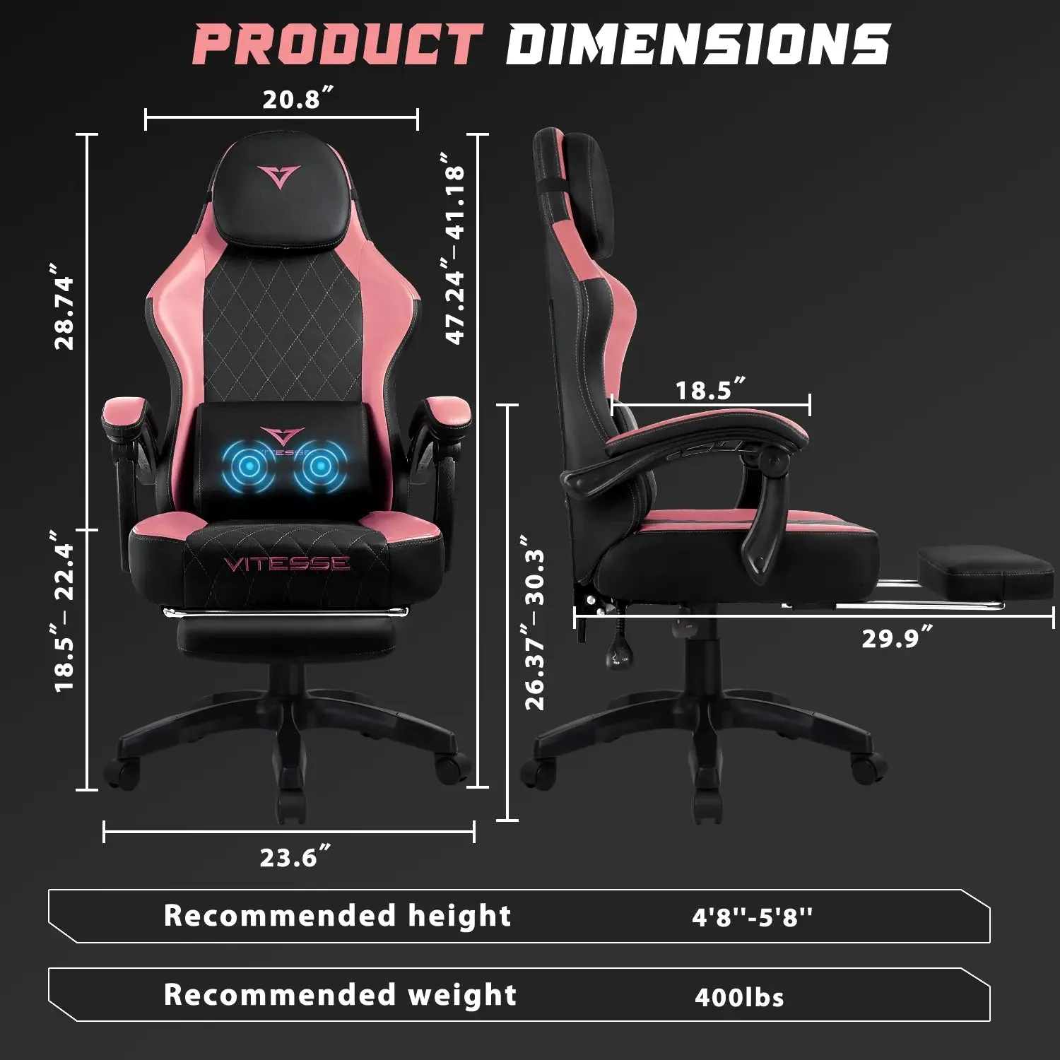 VITESSE Ergonomic Gaming Chair for Adults, 400 lbs PC Computer Chair, Racing Office Chair, Silla Gamer Height Adjustable Swivel Chair with Lumbar Vibration Support and Headrest - Image 23