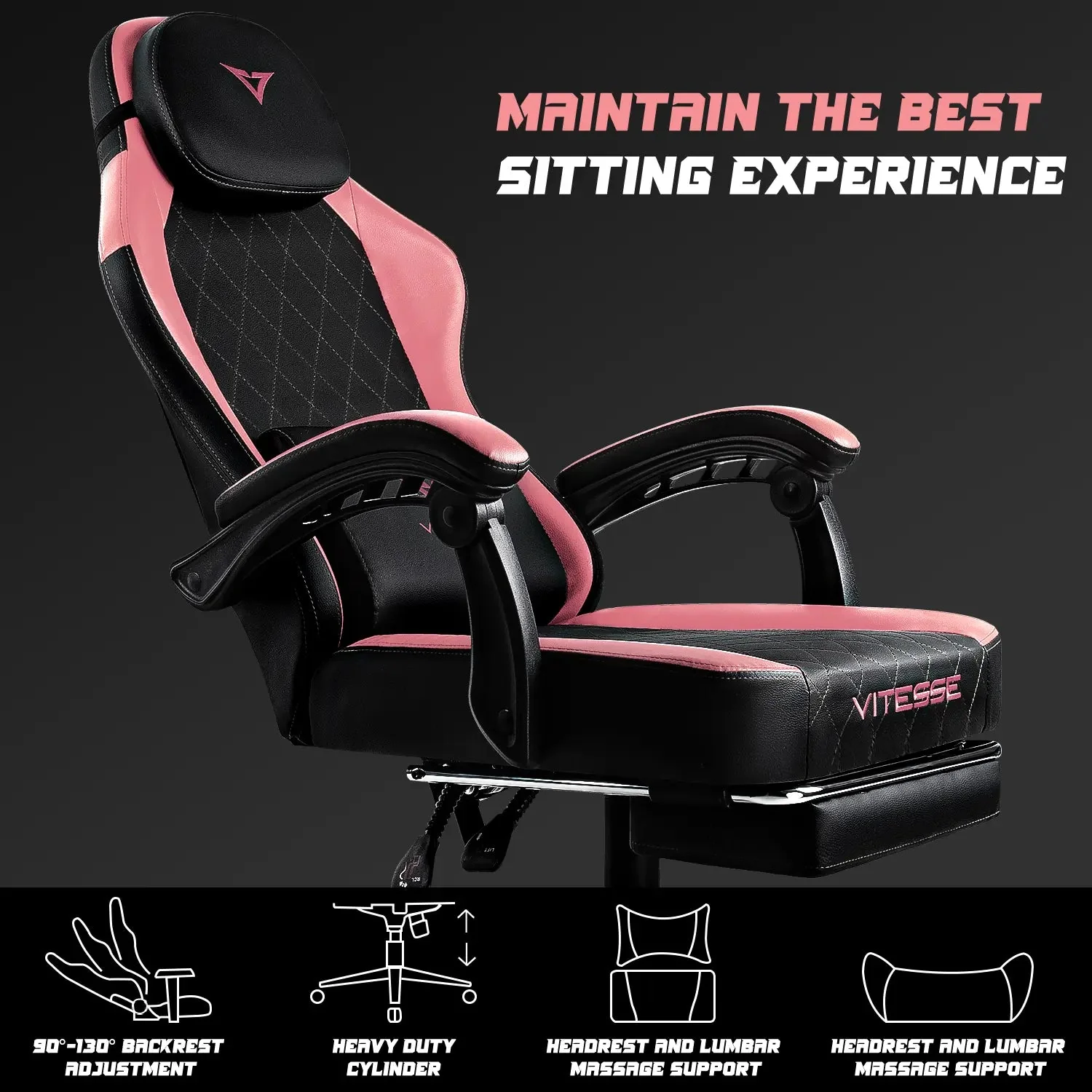 VITESSE Ergonomic Gaming Chair for Adults, 400 lbs PC Computer Chair, Racing Office Chair, Silla Gamer Height Adjustable Swivel Chair with Lumbar Vibration Support and Headrest - Image 25
