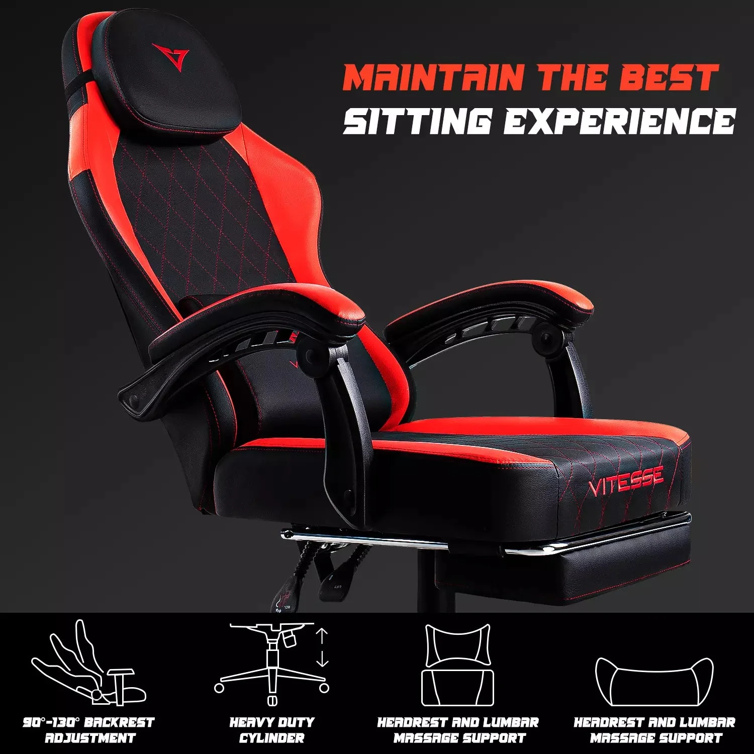 VITESSE Ergonomic Gaming Chair for Adults, 400 lbs PC Computer Chair, Racing Office Chair, Silla Gamer Height Adjustable Swivel Chair with Lumbar Vibration Support and Headrest - Image 4