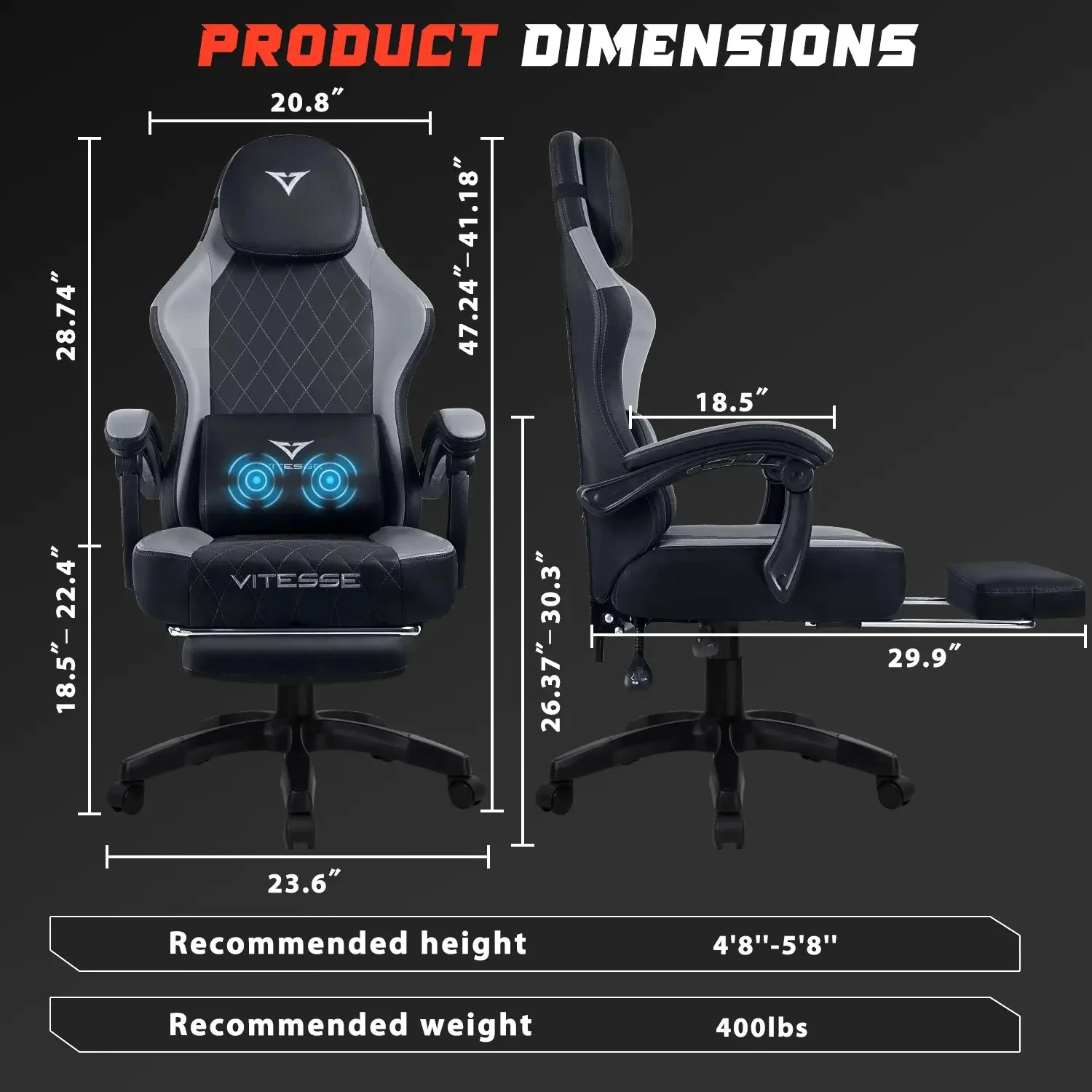VITESSE Ergonomic Gaming Chair for Adults, 400 lbs PC Computer Chair, Racing Office Chair, Silla Gamer Height Adjustable Swivel Chair with Lumbar Vibration Support and Headrest - Image 9
